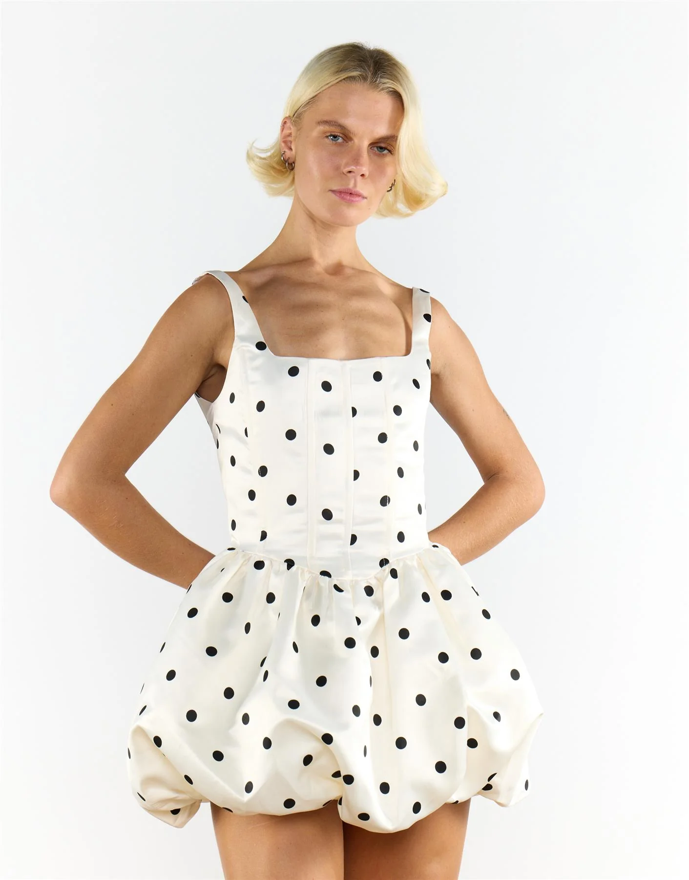 Cream Black Big Spot Square Neck Short Skater Dress - Image 4