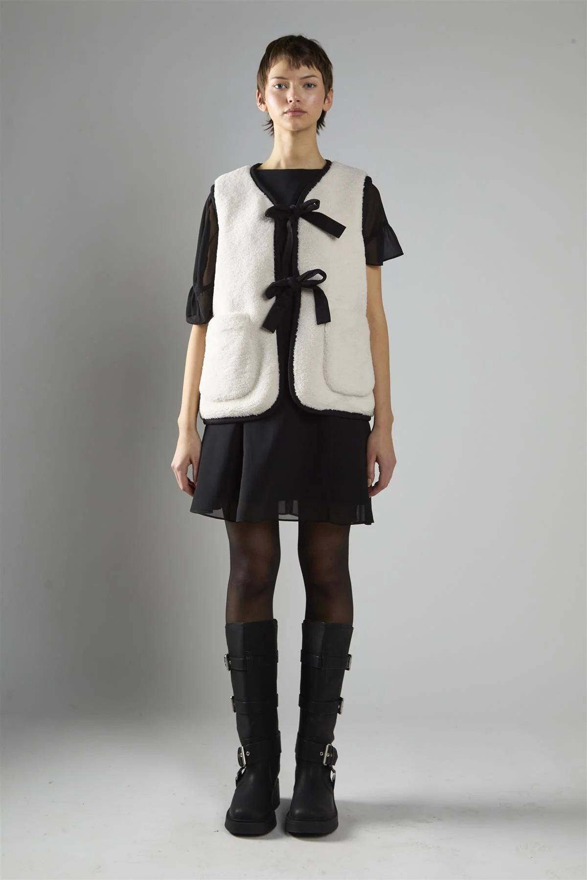 Cream Black Front Tie Sherpa Gilet