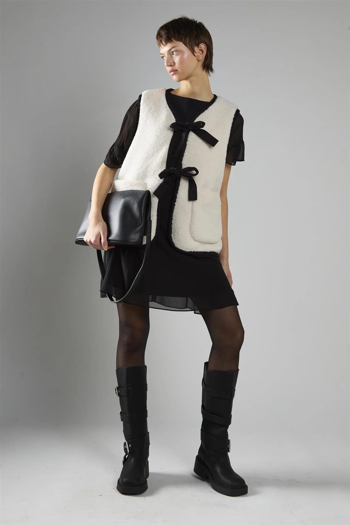 Cream Black Front Tie Sherpa Gilet - Image 5
