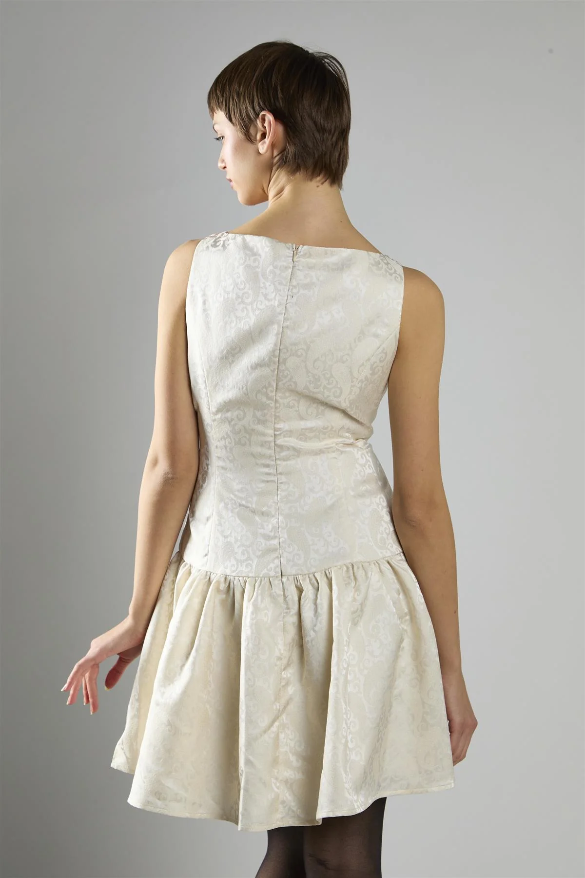 Cream Brocade Sleeveless Button-Front A-Line Dress - Image 2