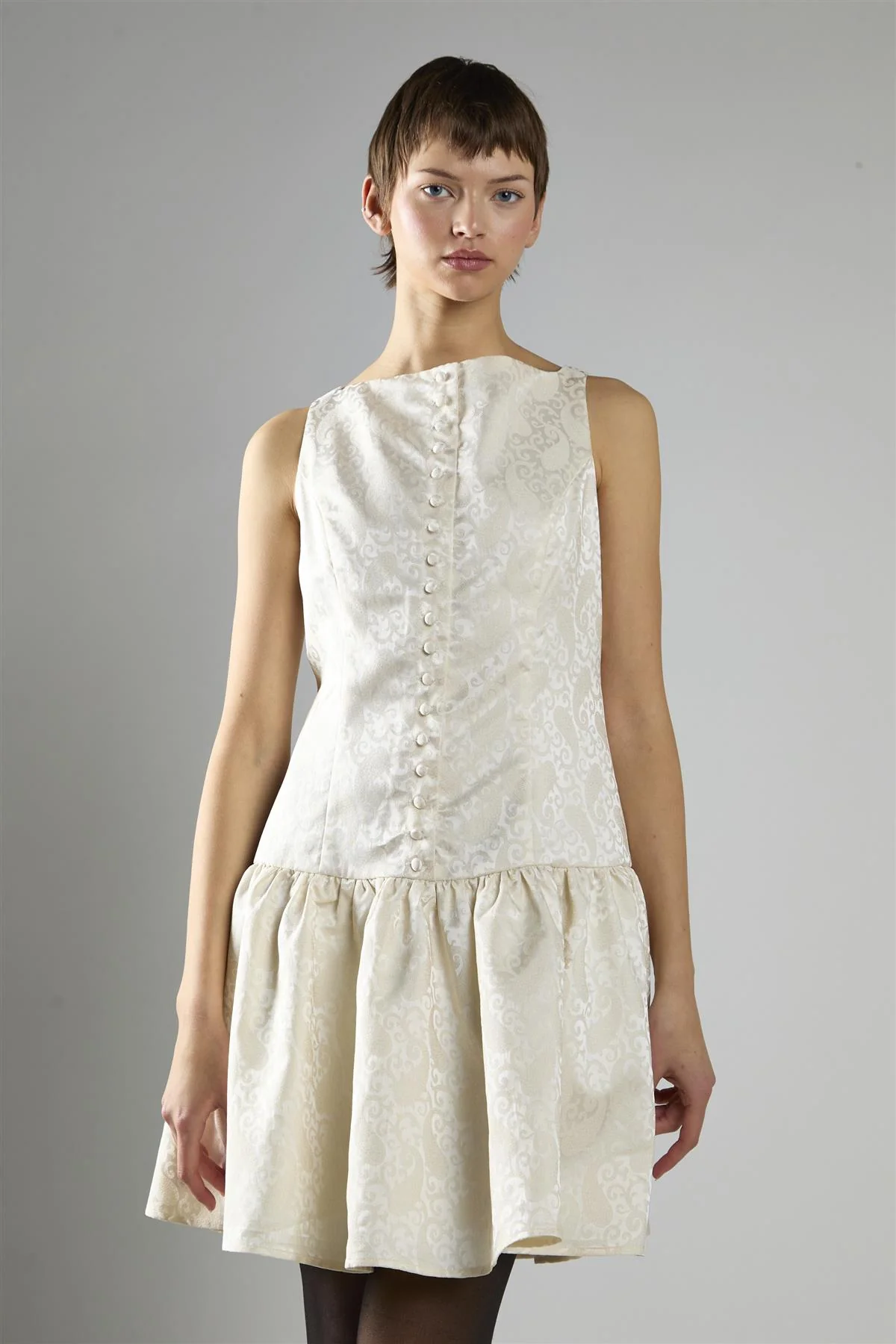 Cream Brocade Sleeveless Button-Front A-Line Dress - Image 3