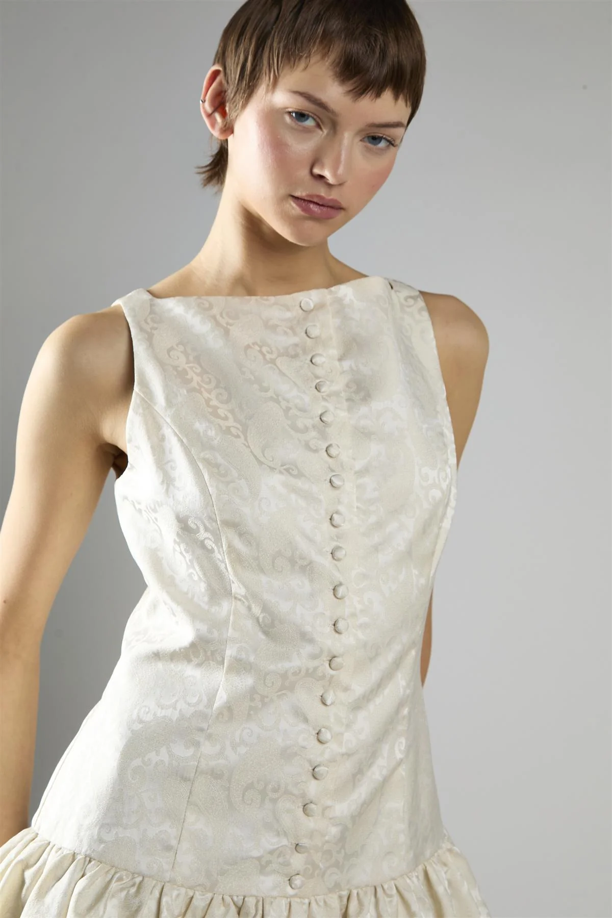 Cream Brocade Sleeveless Button-Front A-Line Dress - Image 4