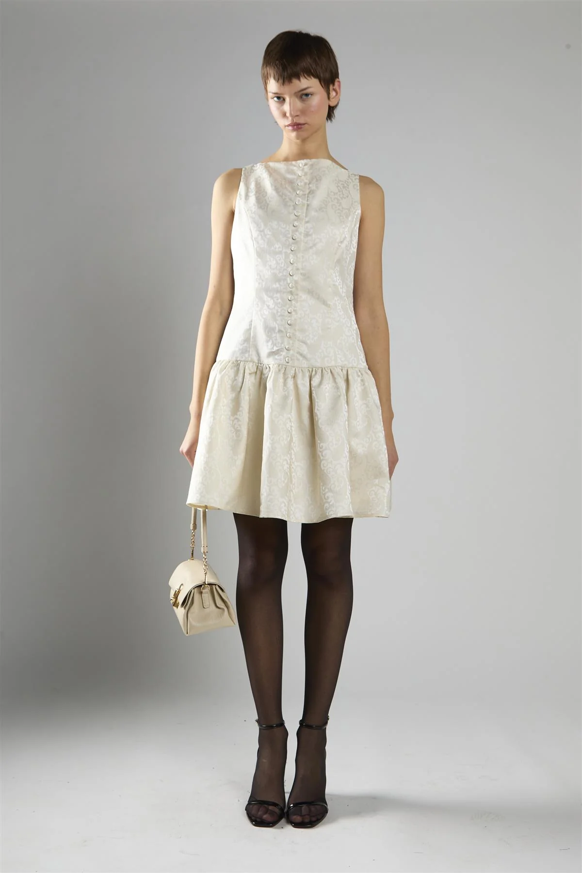 Cream Brocade Sleeveless Button-Front A-Line Dress - Image 5