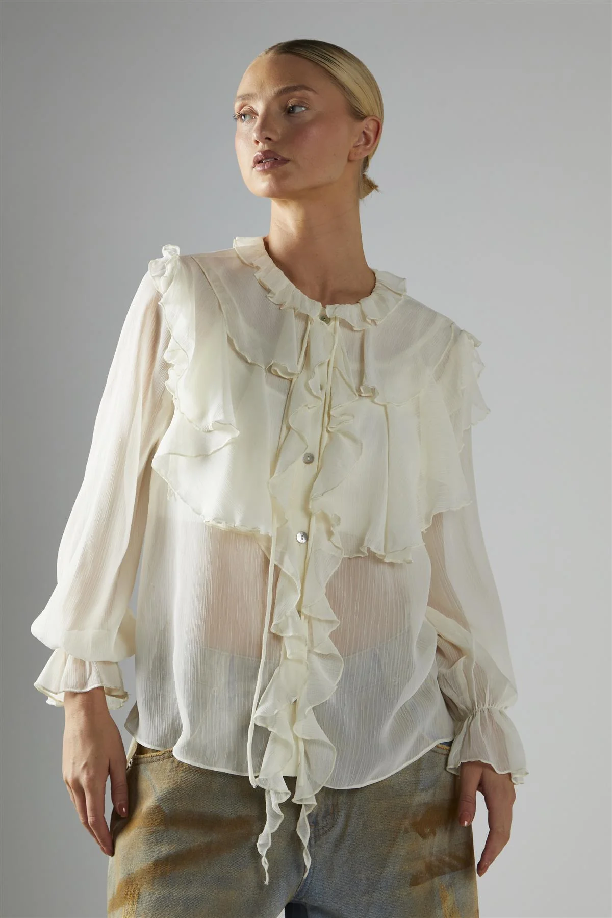 Cream Button-Front-Ruffle Blouse - Image 3