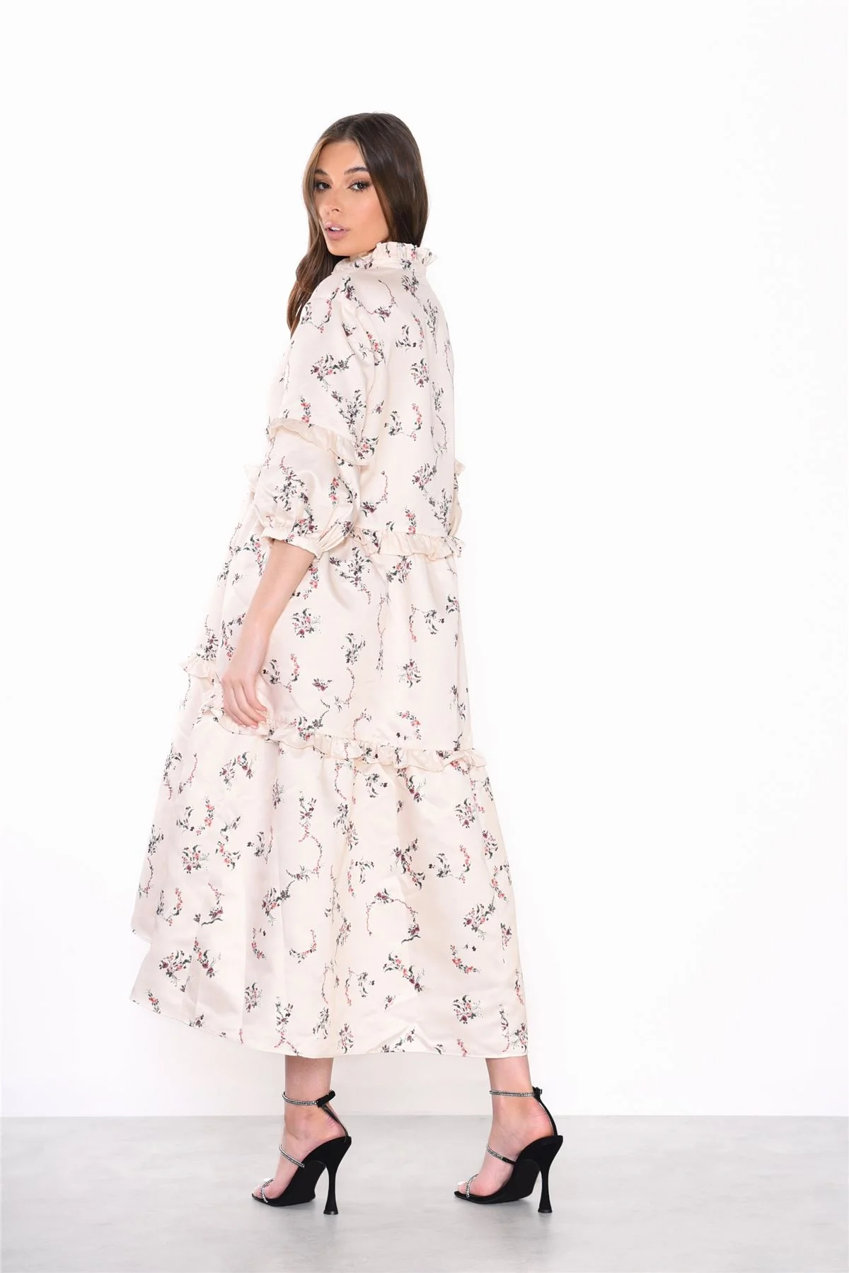 Cream Dainty Floral Long Sleeve Puff Button Up Midi Dress - Image 2