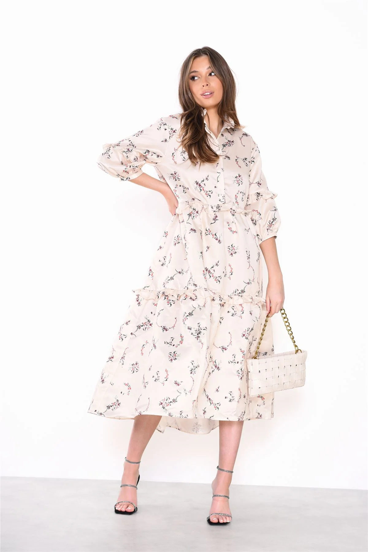 Cream Dainty Floral Long Sleeve Puff Button Up Midi Dress - Image 4