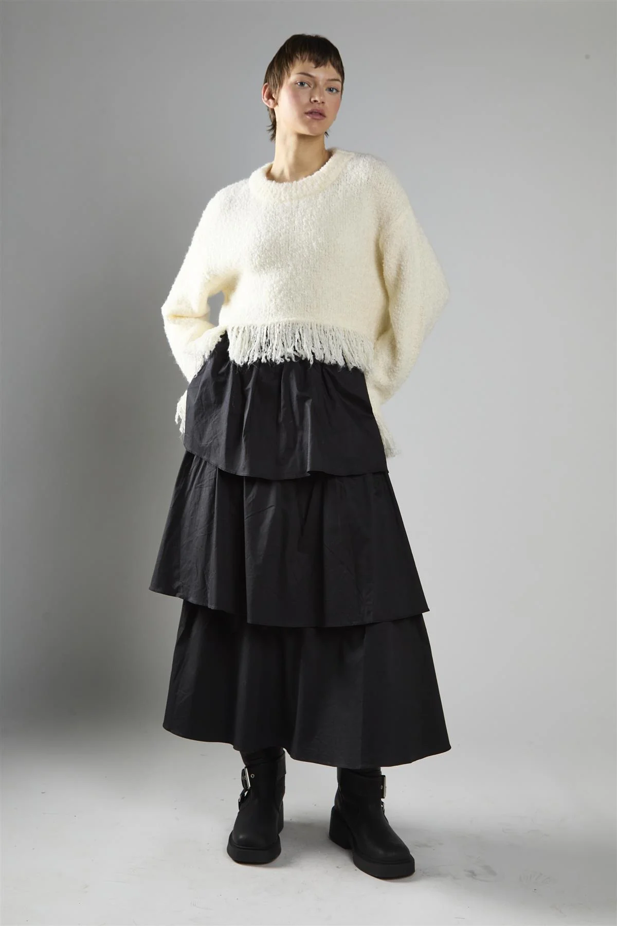 Cream Fringe-Trim Long Sleeve-Jumper