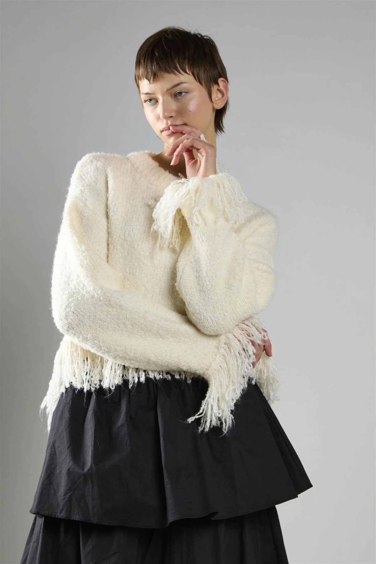 Cream Fringe-Trim Long Sleeve-Jumper - Image 3
