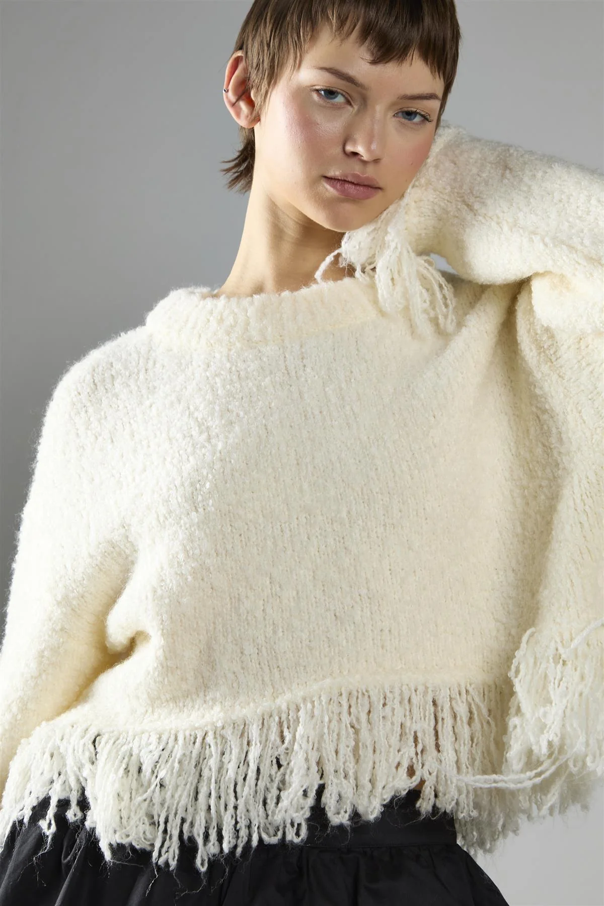 Cream Fringe-Trim Long Sleeve-Jumper - Image 4