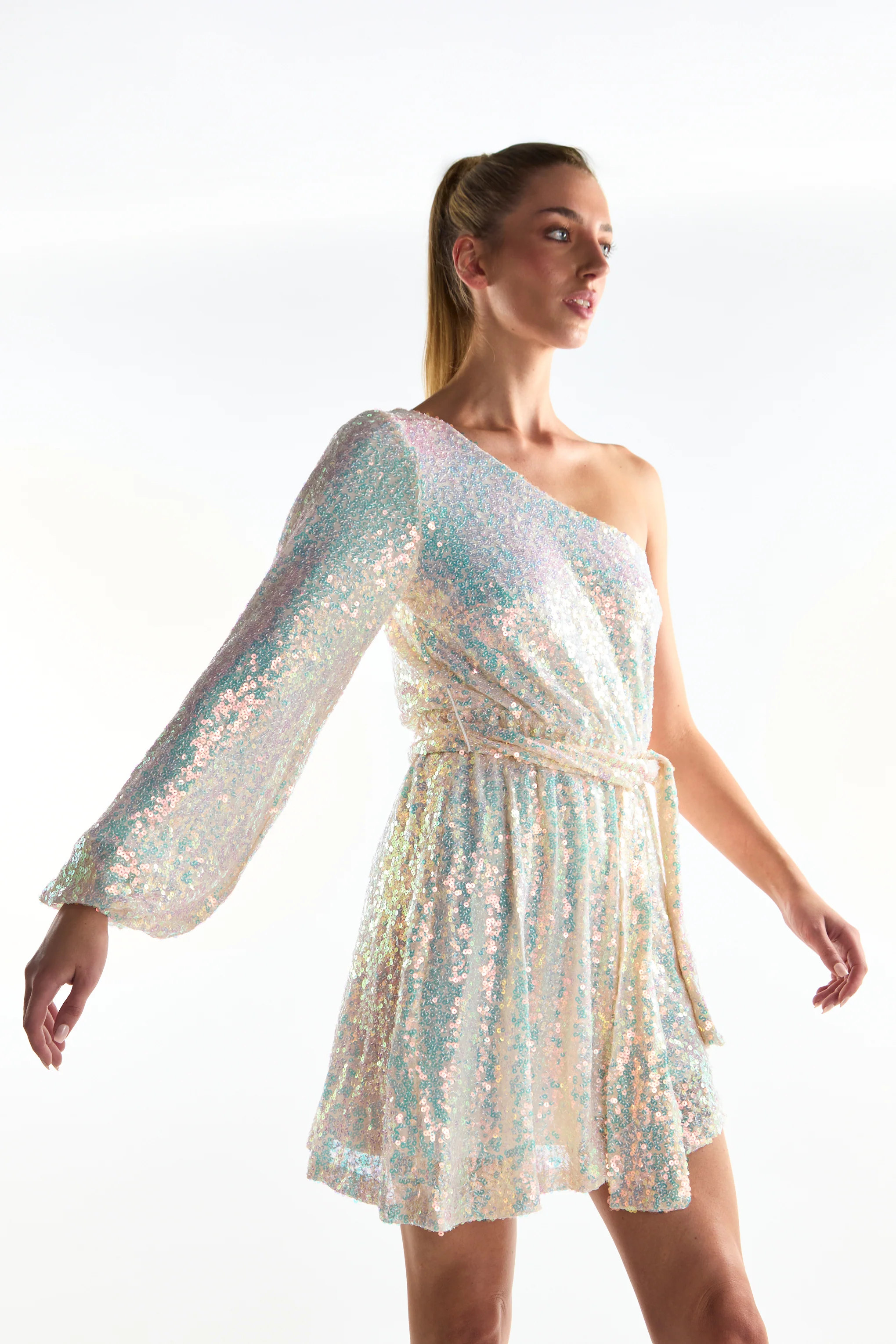 Cream Iridescent-Sequin Asymmetric Mini-Dress - Image 3