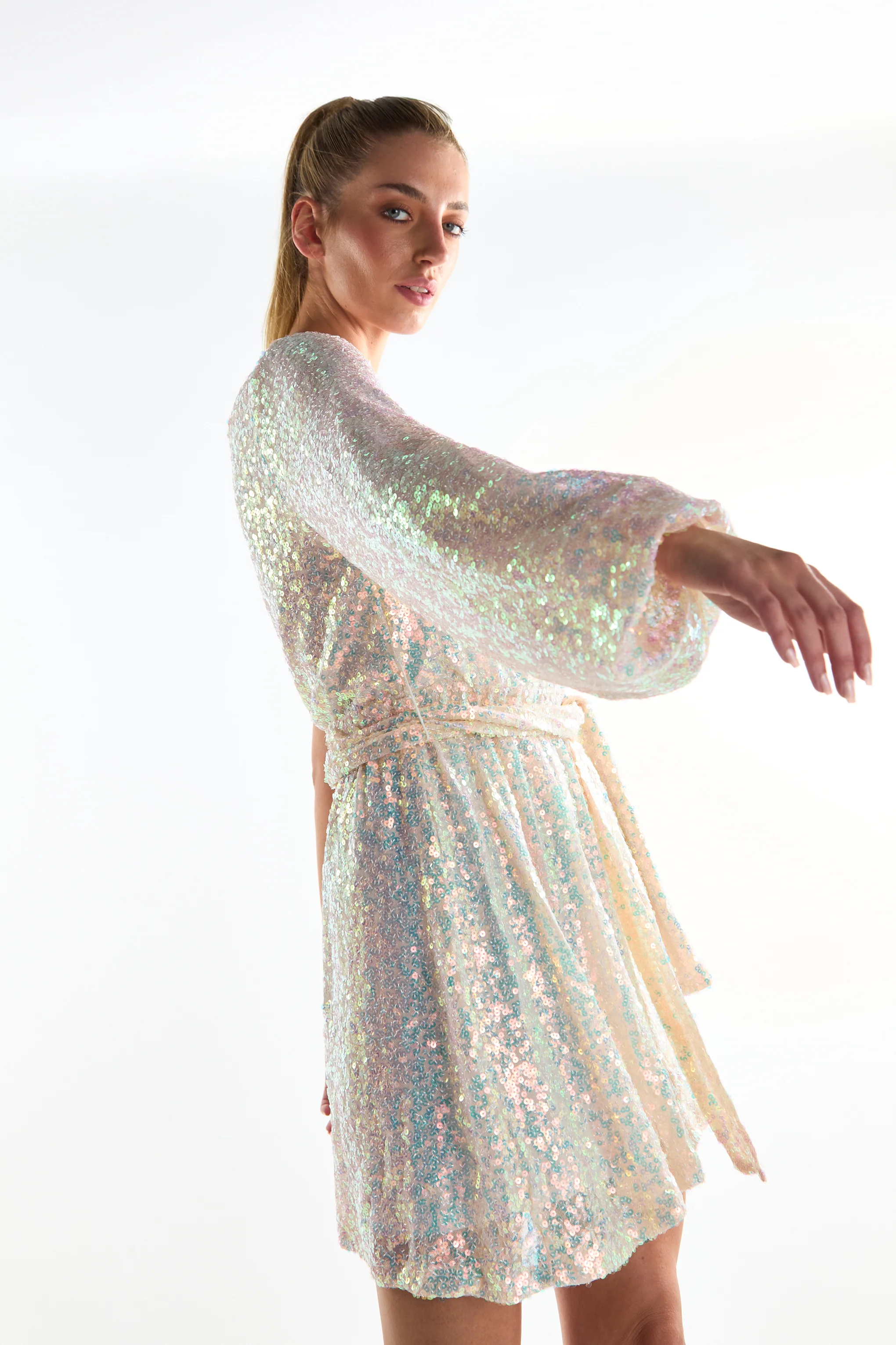 Cream Iridescent-Sequin Asymmetric Mini-Dress - Image 4