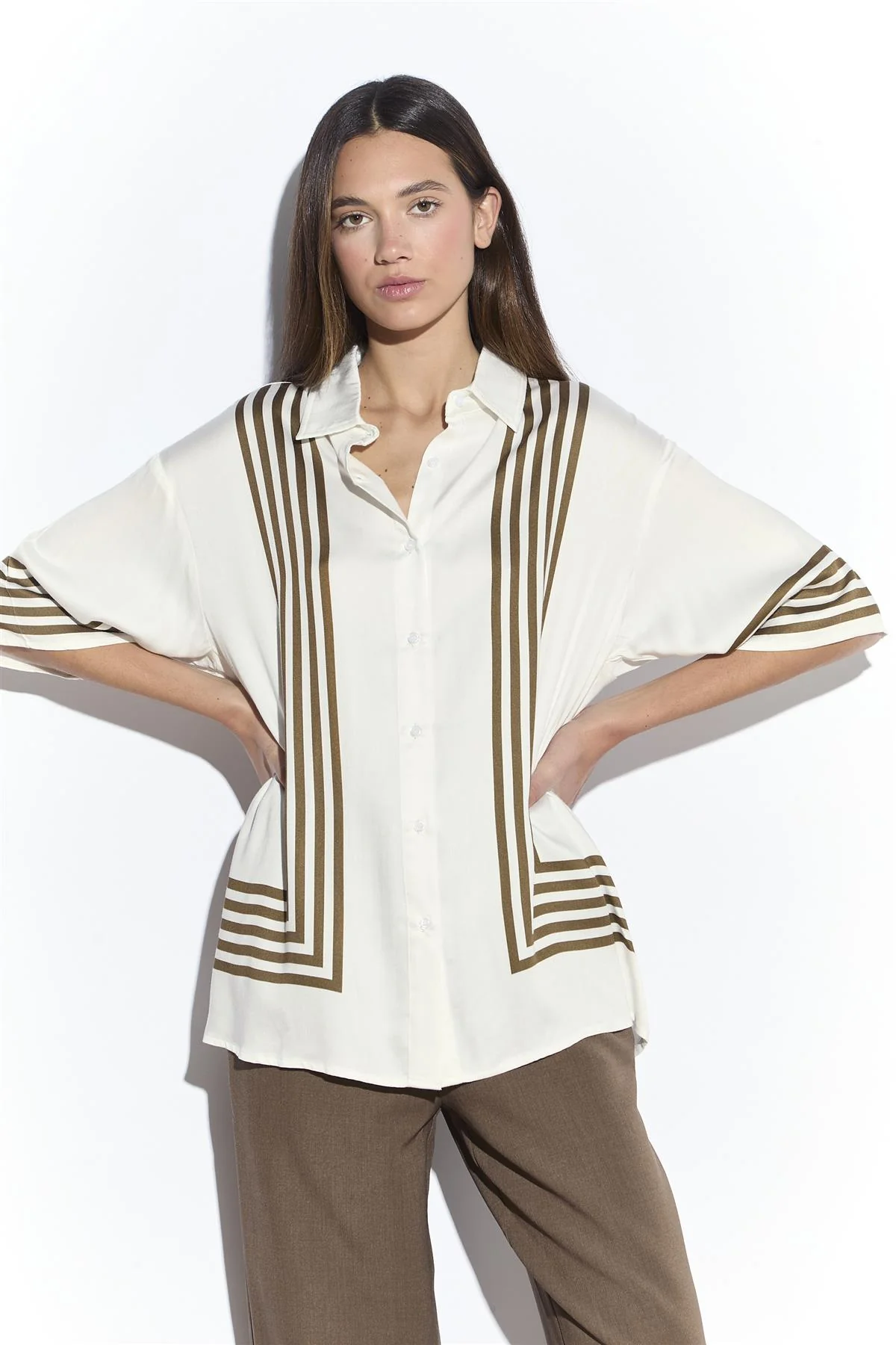 Cream Olive Stripe Short Sleeve Shirt - Image 3