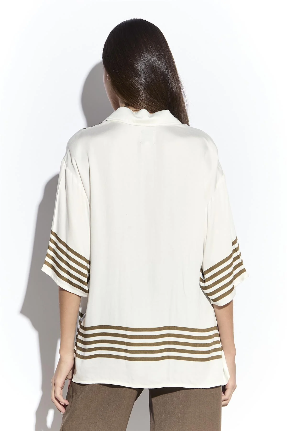 Cream Olive Stripe Short Sleeve Shirt - Image 4