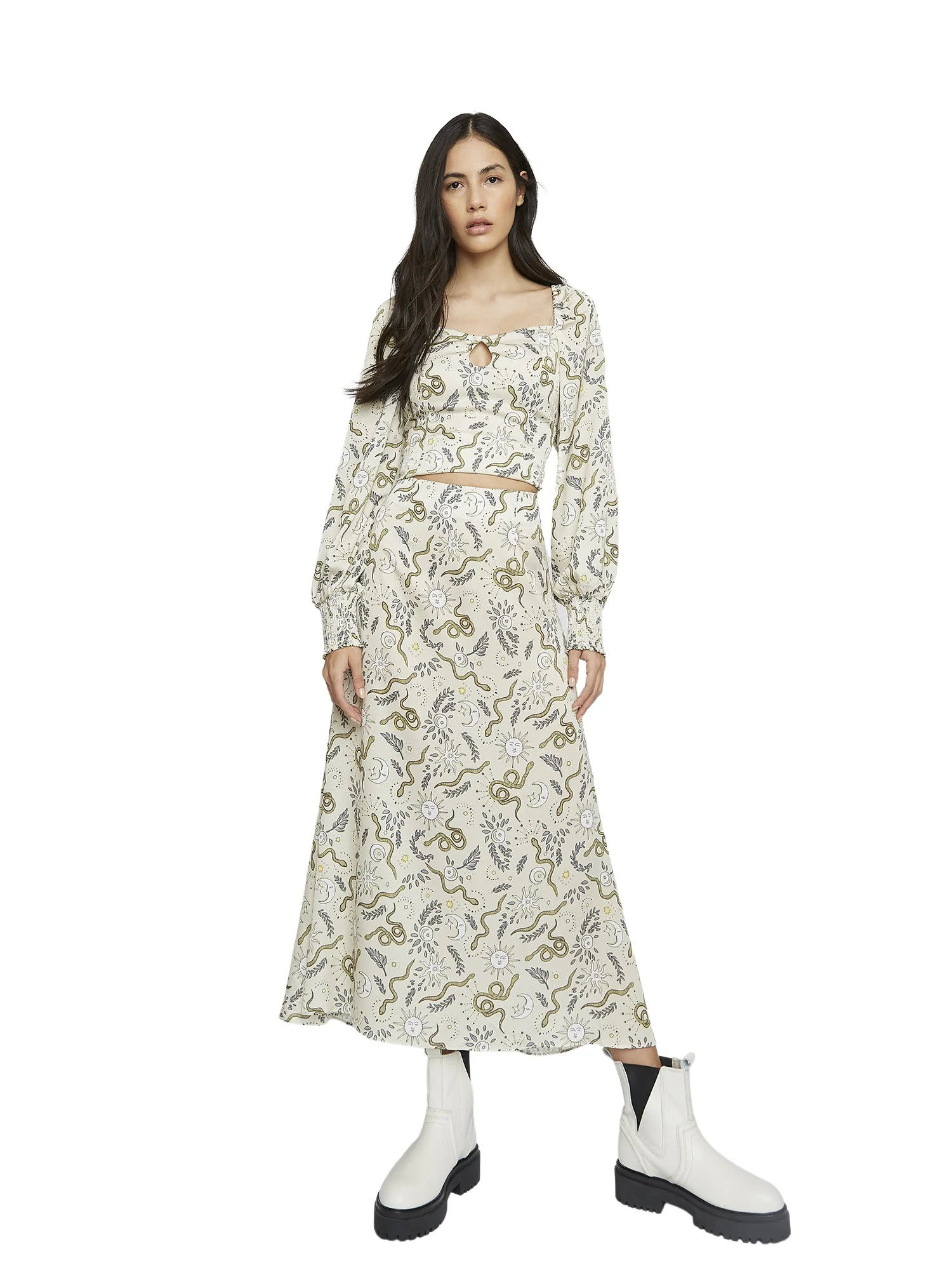 Glamorous Stone Sun and Moon Print Midi Skirt