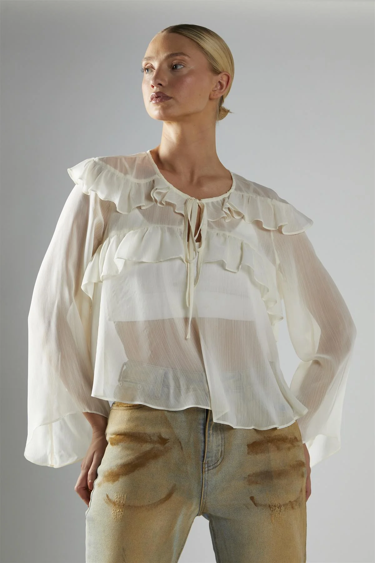 Cream Ruffle Blouse - Image 3