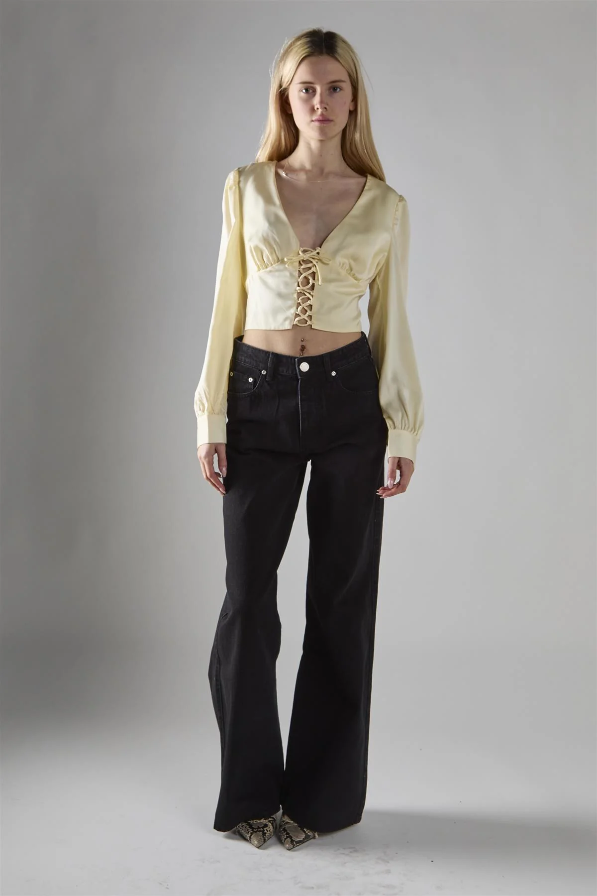 Cream-Sateen Lace-Up-Front Crop-Top