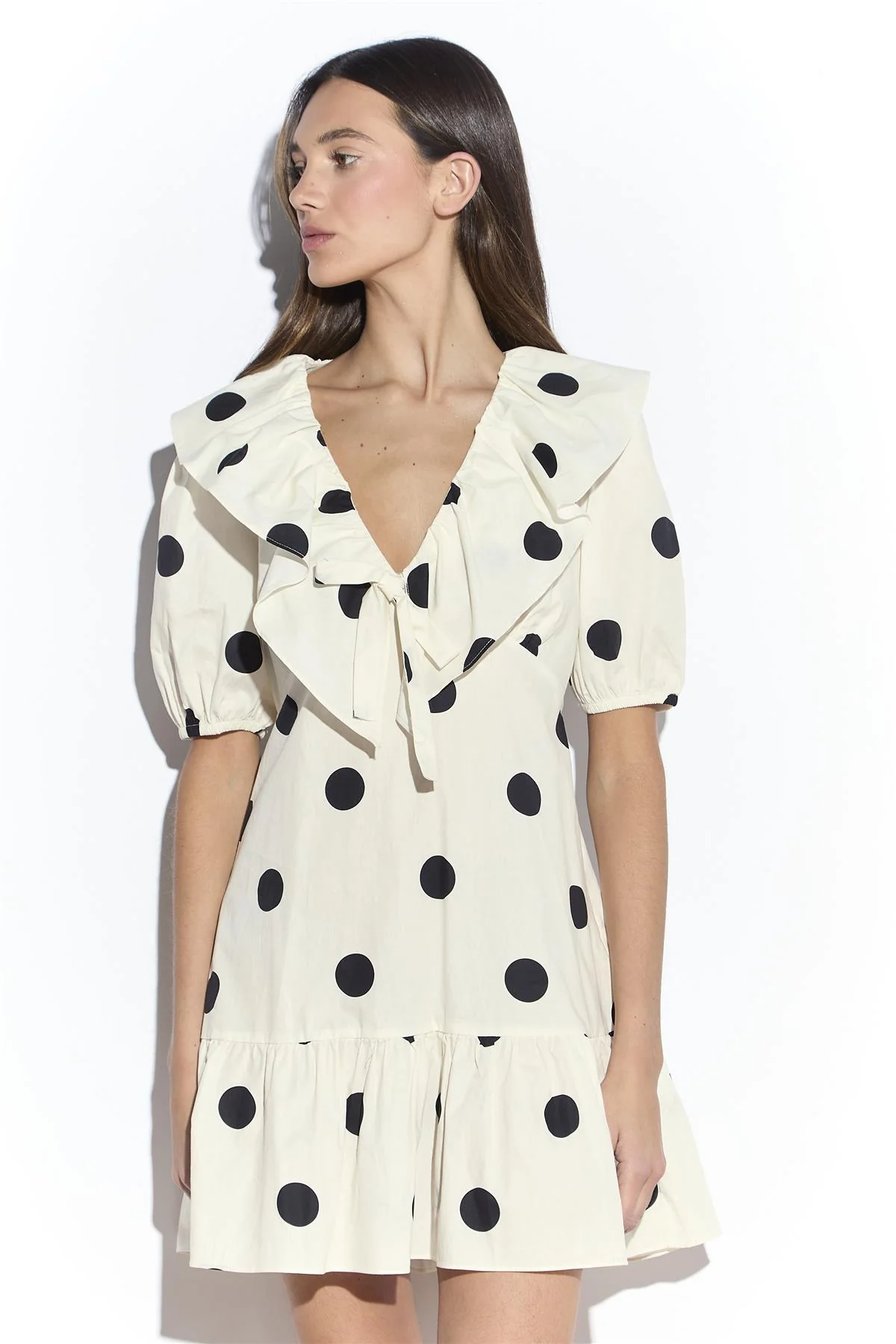 Cream Spot Ruffle Mini Dress with Puff Sleeve - Image 3
