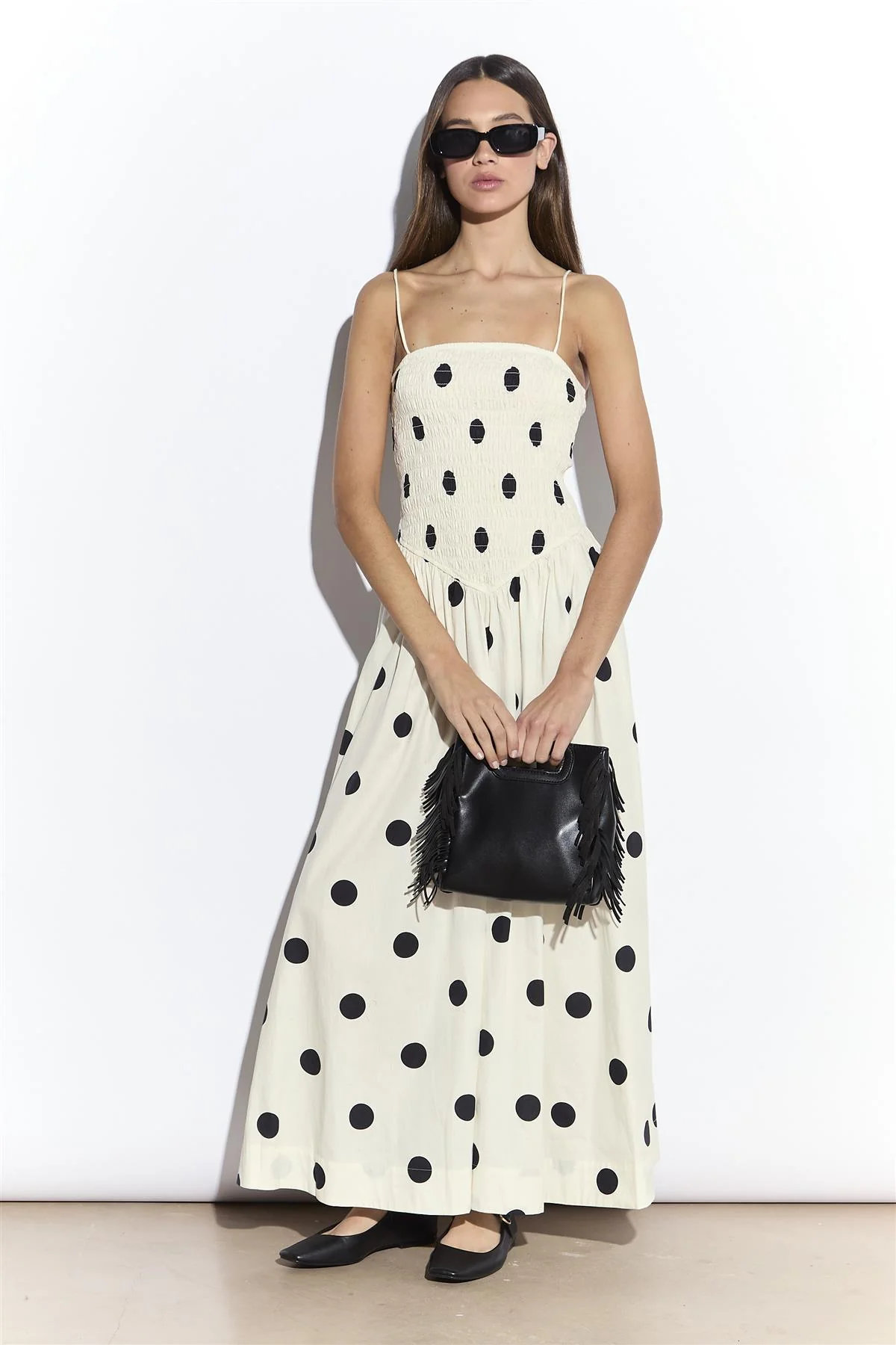 Cream Spot Shirred Dropped Waist Midi Dress - Image 3