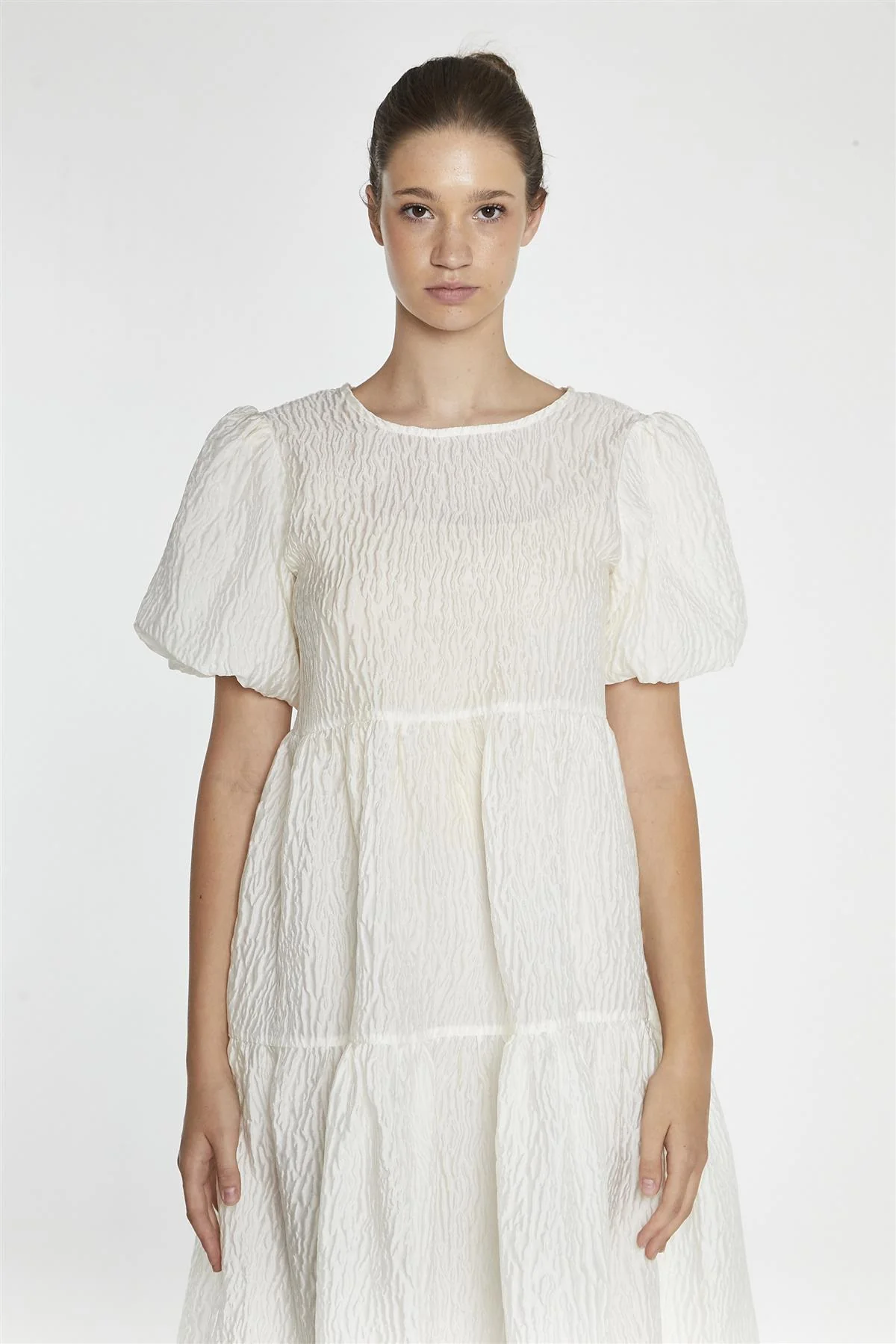 Cream Textured-Brocade Tiered Midi-Dress - Image 3