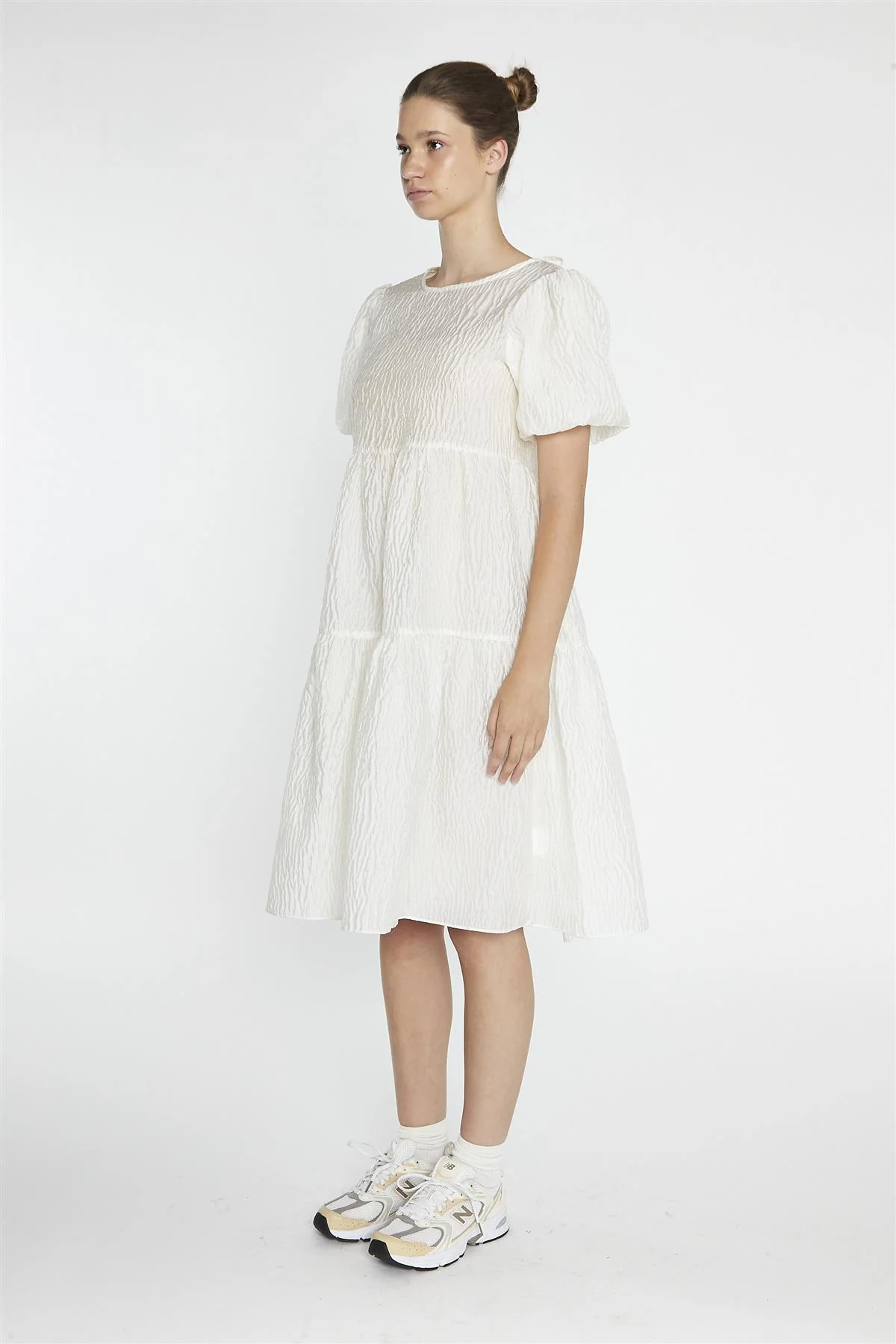 Cream Textured-Brocade Tiered Midi-Dress - Image 4