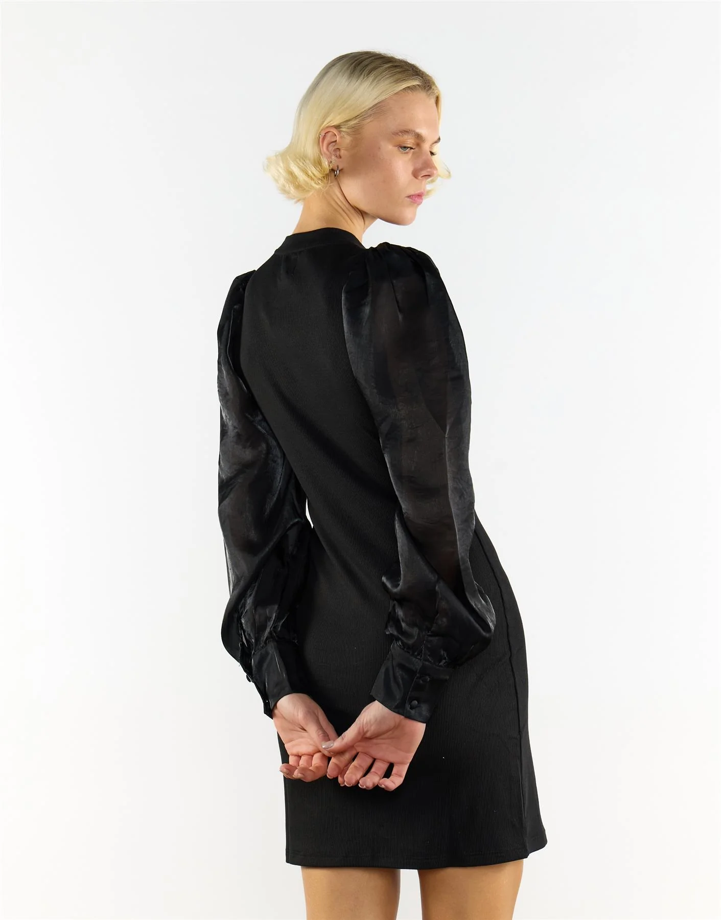 Crew Neck Puff Sleeve Mini Dress in Black - Image 2