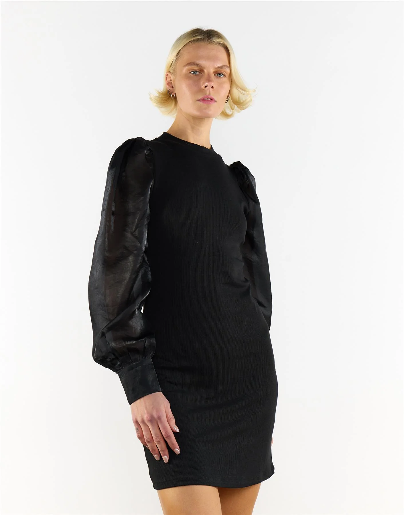 Crew Neck Puff Sleeve Mini Dress in Black - Image 3