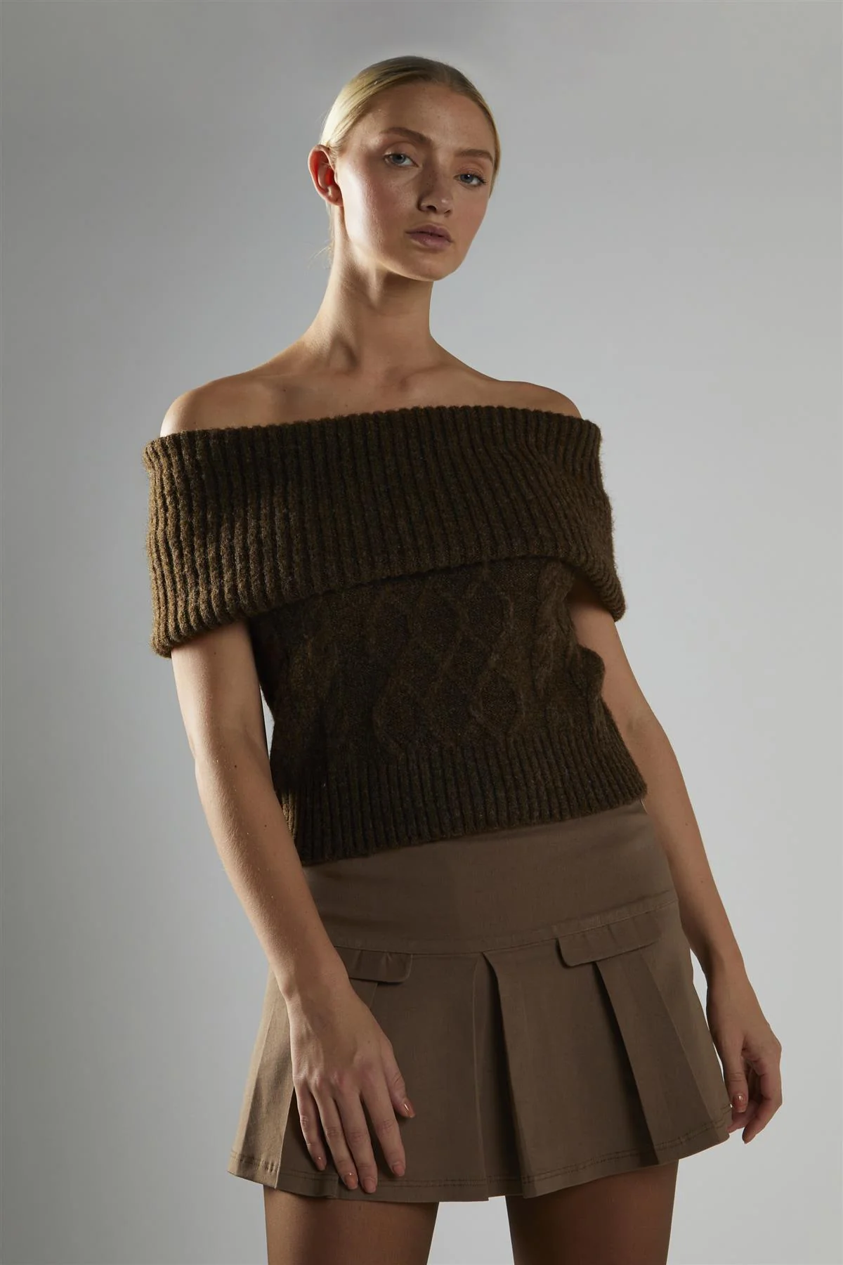 Dark-Brown Bardot-Cable-Knit Jumper - Image 3