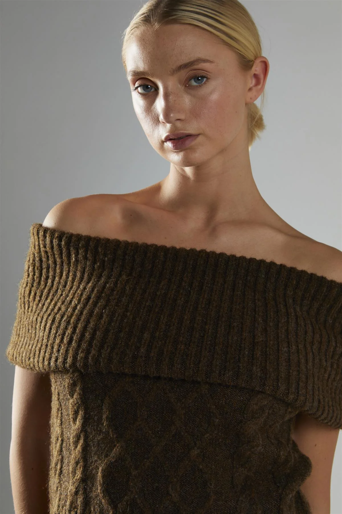 Dark-Brown Bardot-Cable-Knit Jumper - Image 4