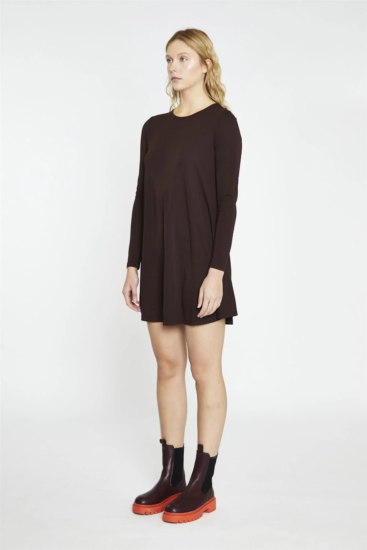 Dark-Brown Basic Long-Sleeve Mini-Dress