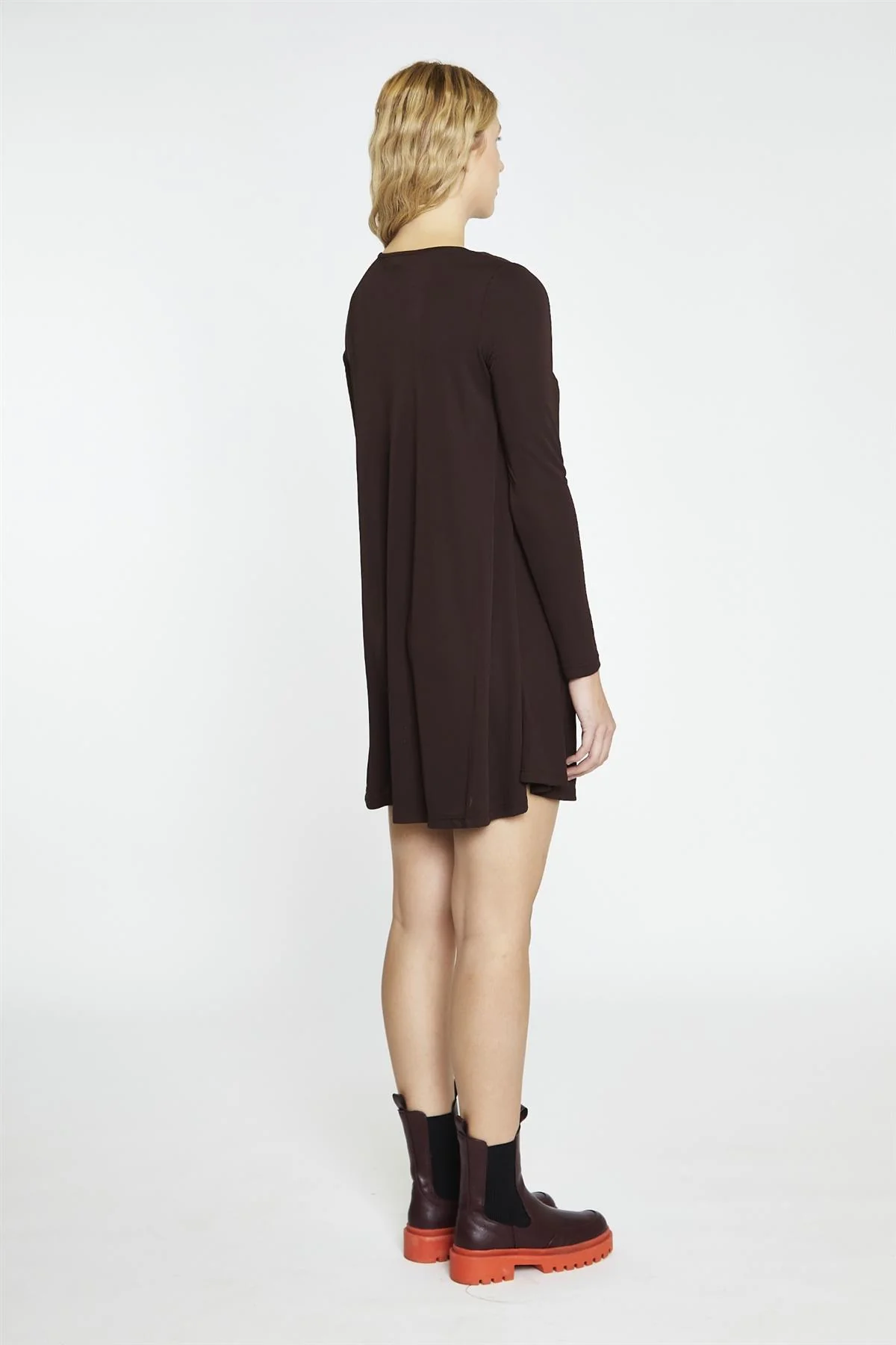 Dark-Brown Basic Long-Sleeve Mini-Dress - Image 2