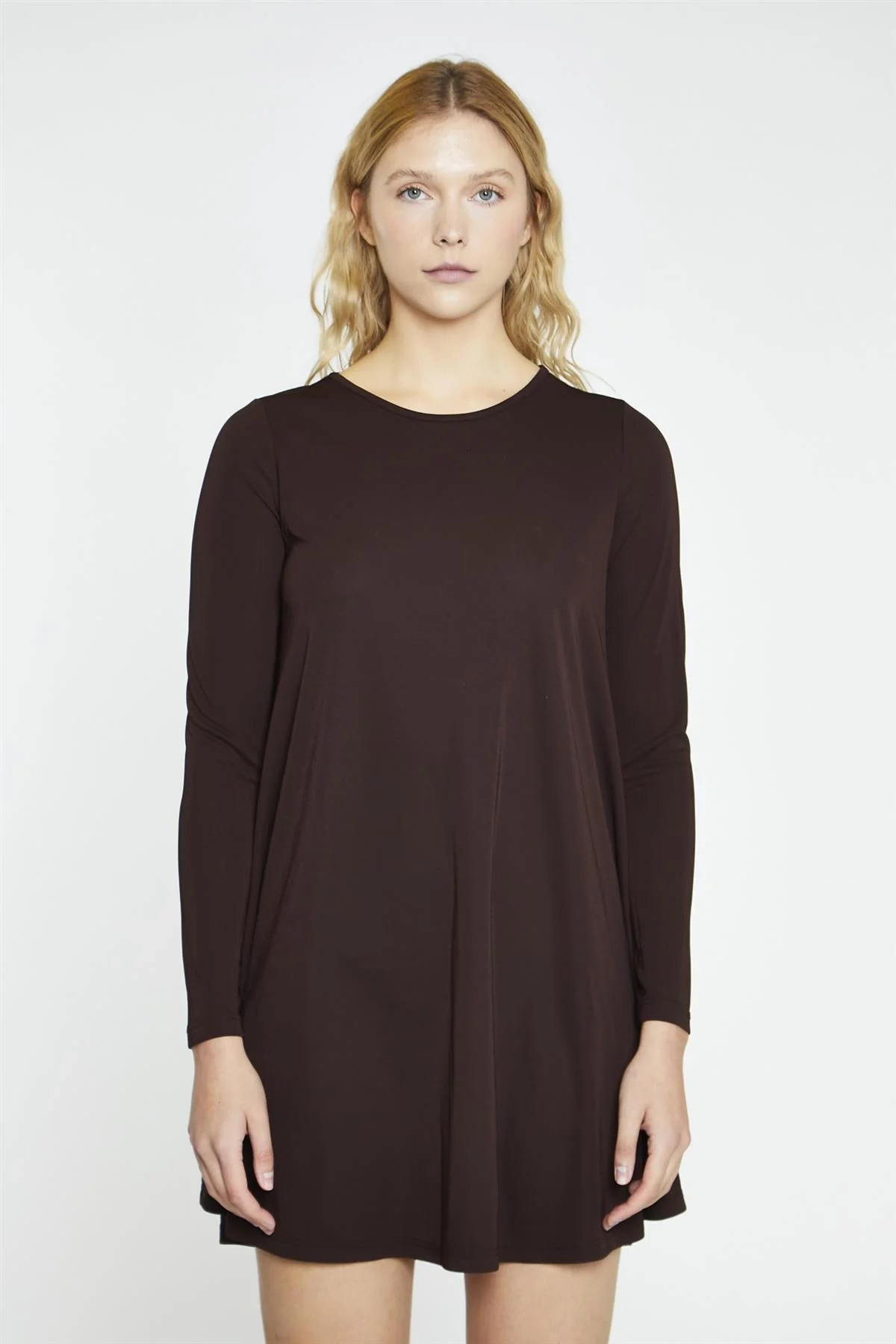 Dark-Brown Basic Long-Sleeve Mini-Dress - Image 3