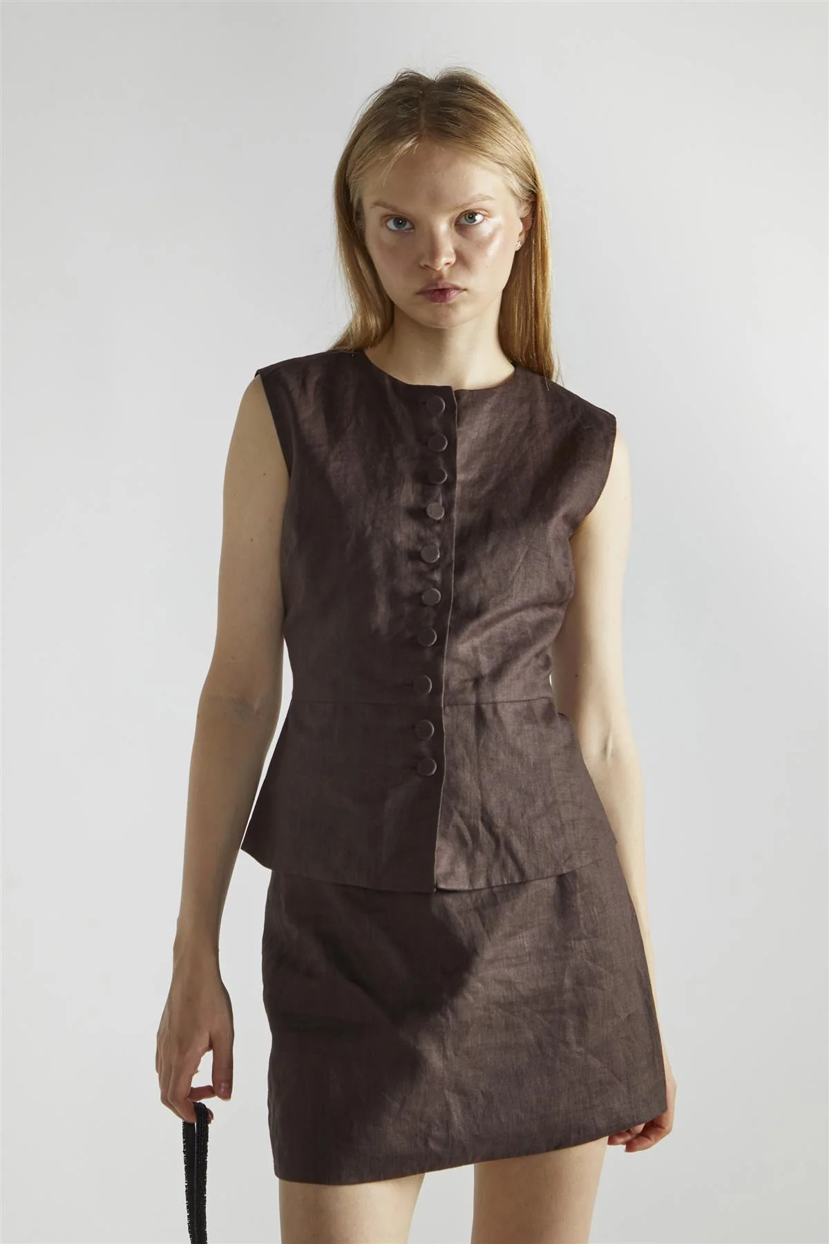Dark Brown Button Front Crew Neck-Top - Image 3