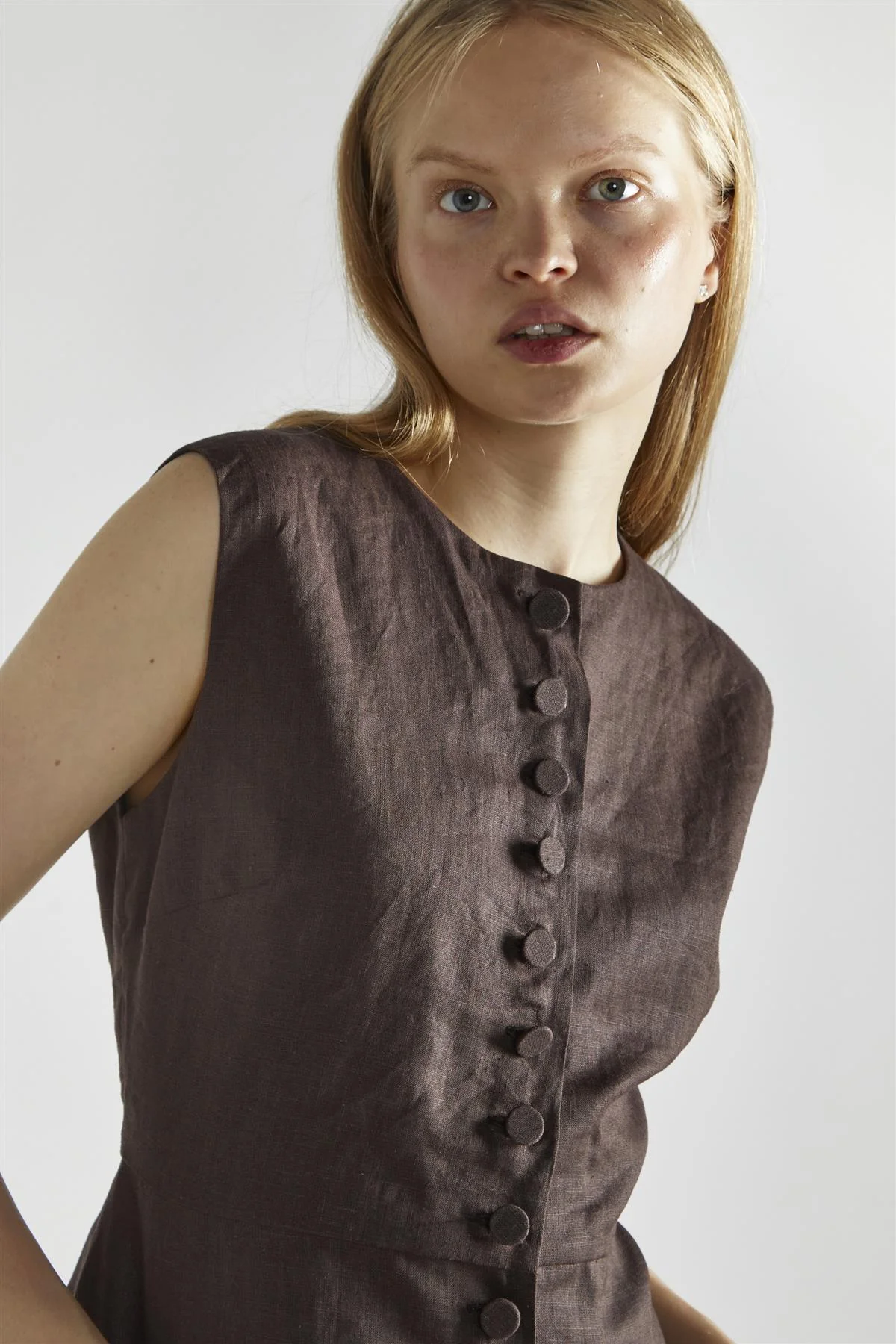 Dark Brown Button Front Crew Neck-Top - Image 4