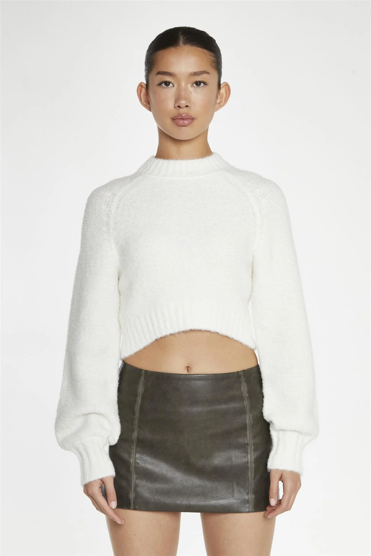 Dark-Brown Distressed-PU Fitted Mini-Skirt - Image 3