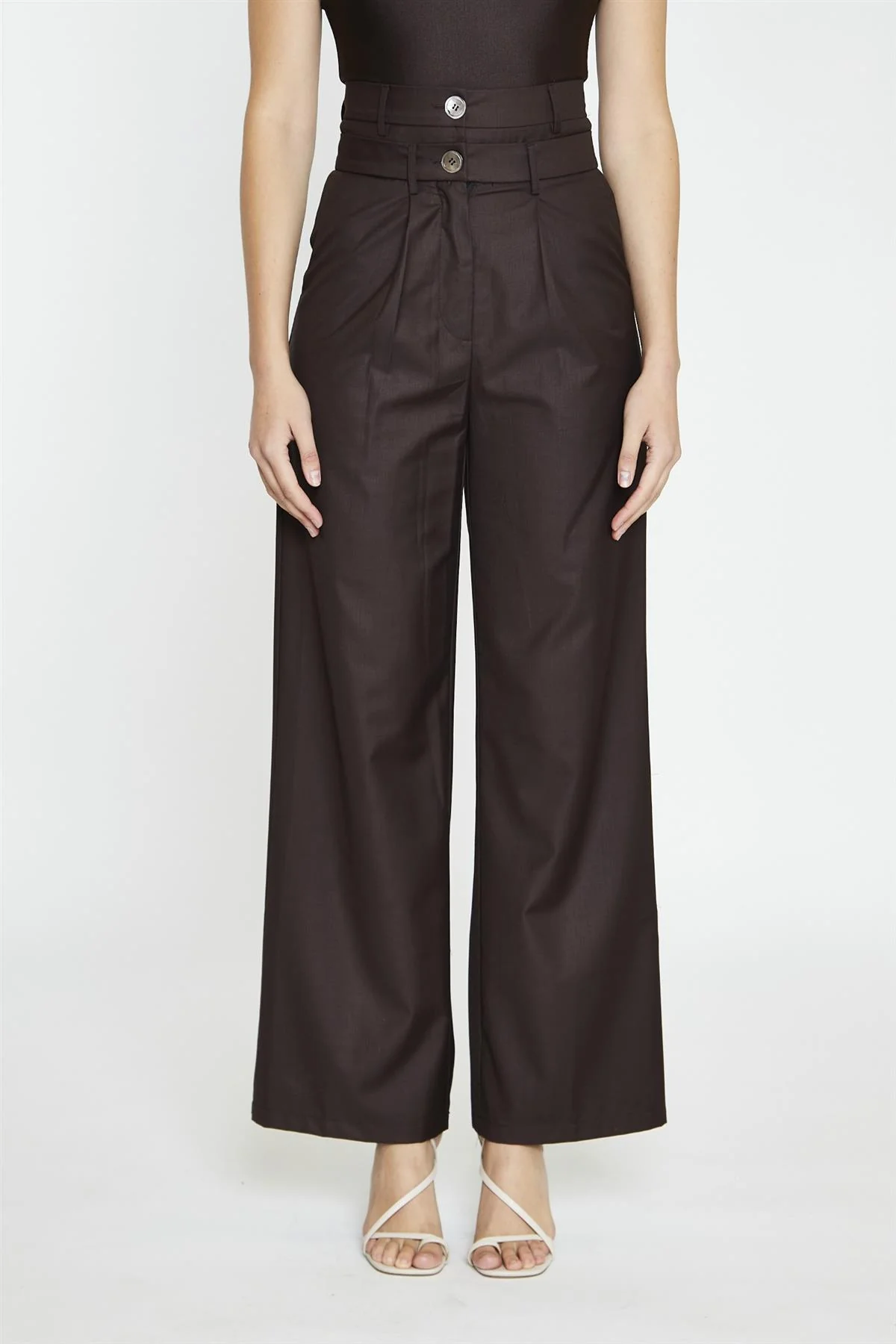 Dark-Brown Double Waisted Wide-Leg Trousers - Image 3