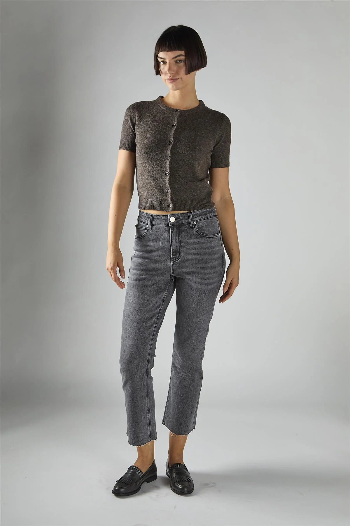 Dark-Brown-Marl Short-Sleeve Button-Front Crop Cardigan