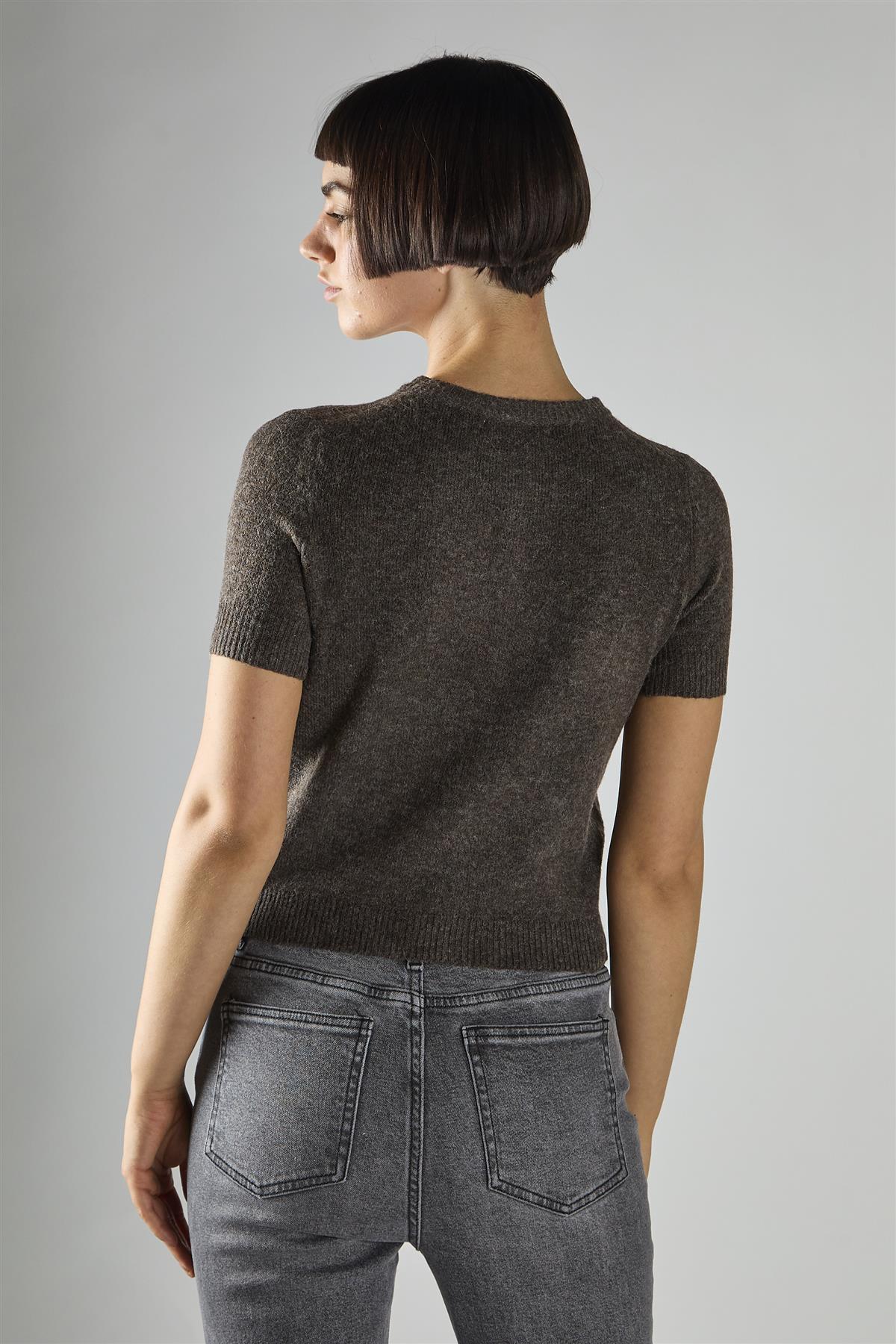Dark-Brown-Marl Short-Sleeve Button-Front Crop Cardigan - Image 2