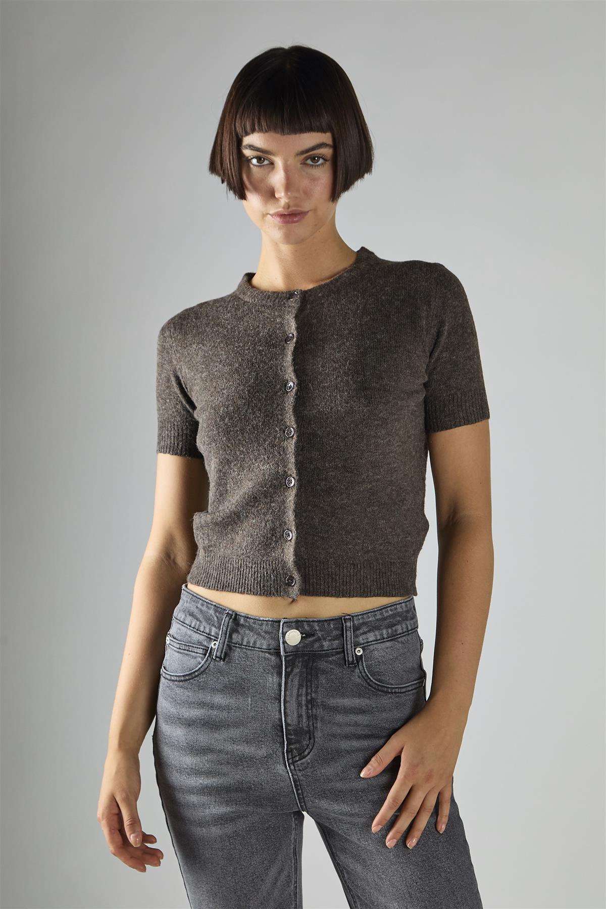 Dark-Brown-Marl Short-Sleeve Button-Front Crop Cardigan - Image 3