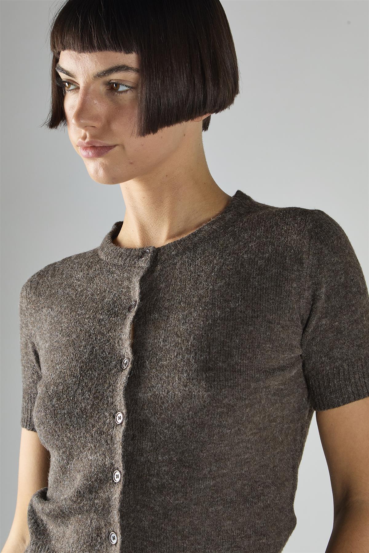 Dark-Brown-Marl Short-Sleeve Button-Front Crop Cardigan - Image 4