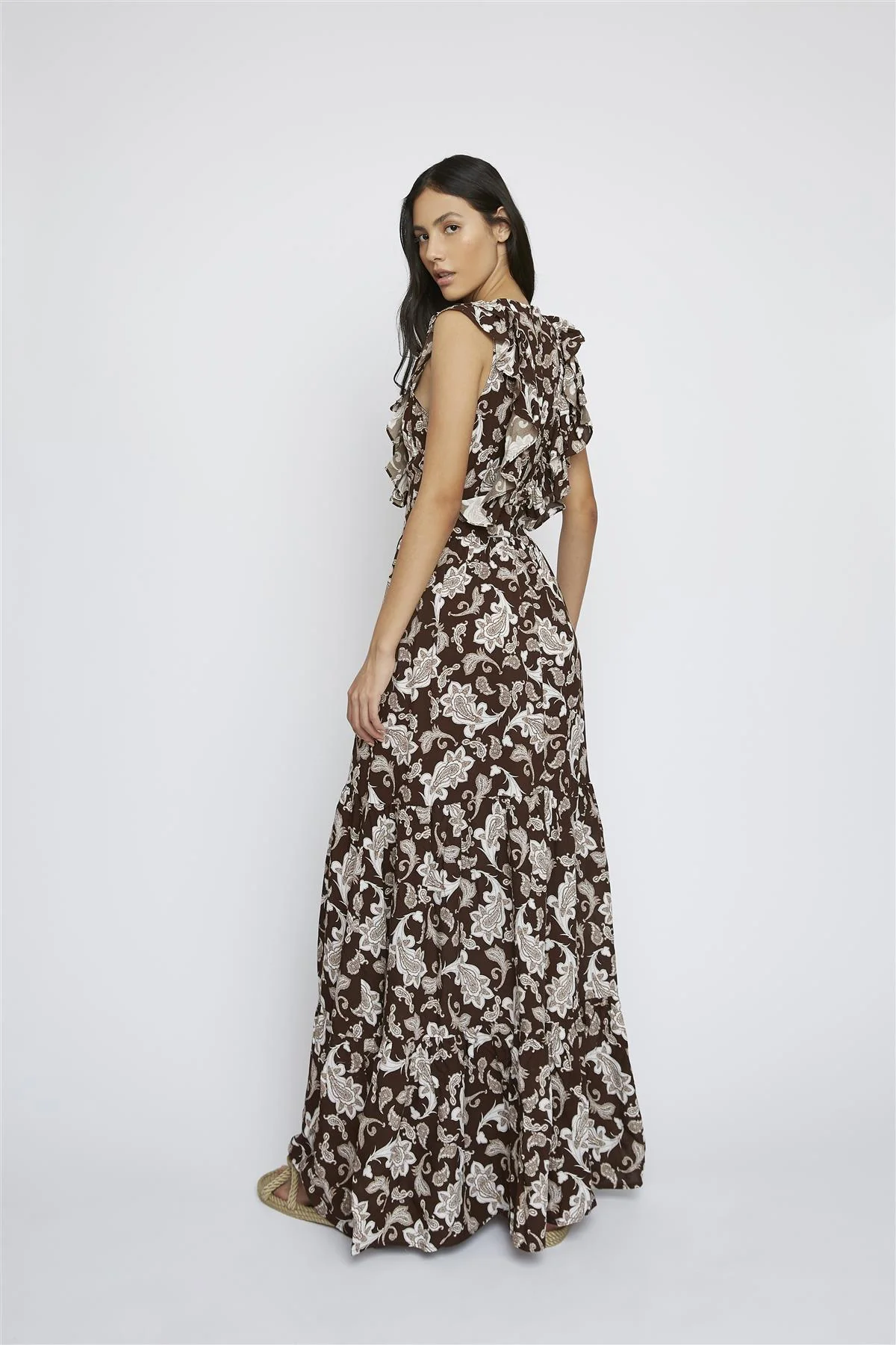 Dark-Brown-Paisley Deep-V-Neck Maxi-Dress - Image 2