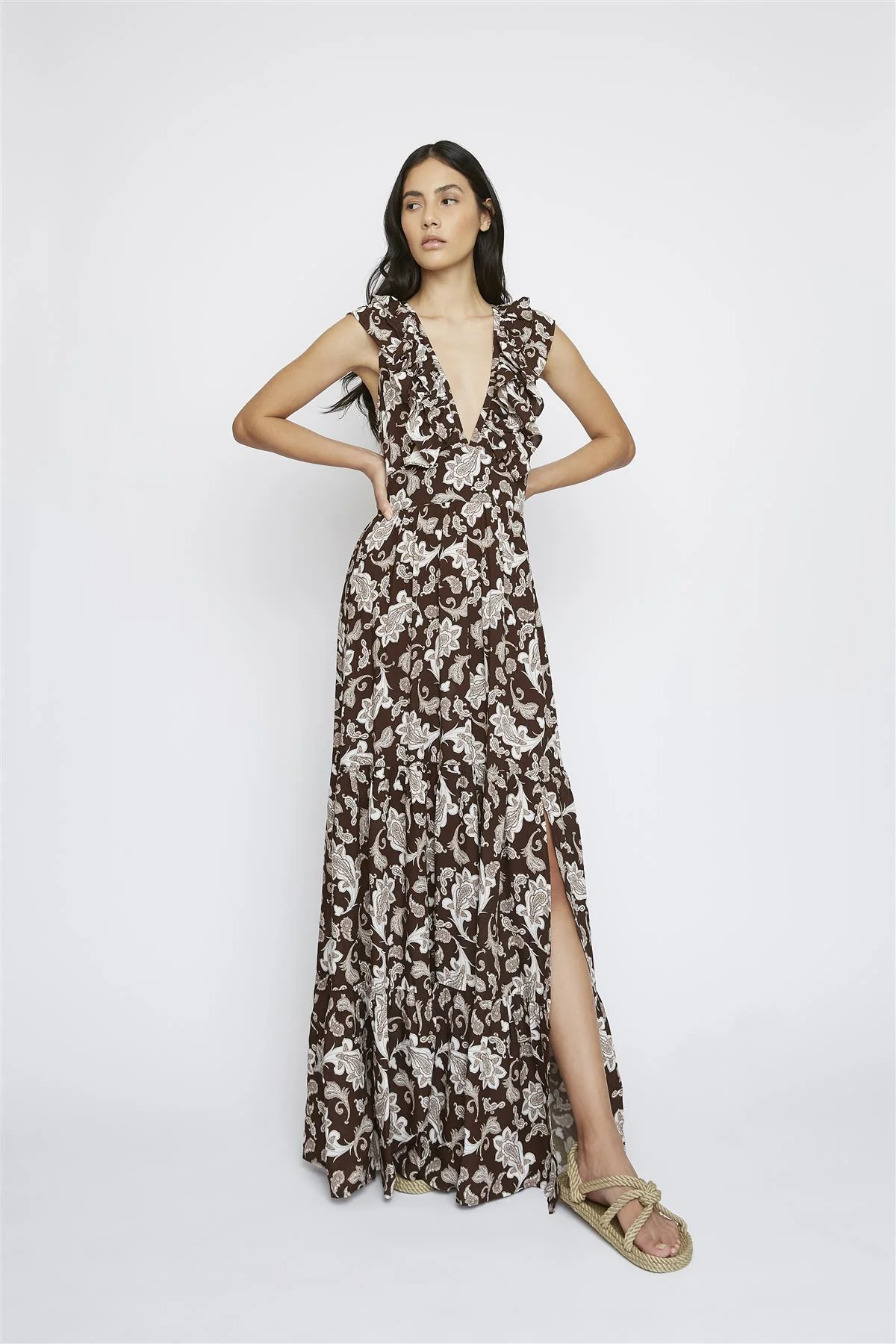 Dark-Brown-Paisley Deep-V-Neck Maxi-Dress - Image 5