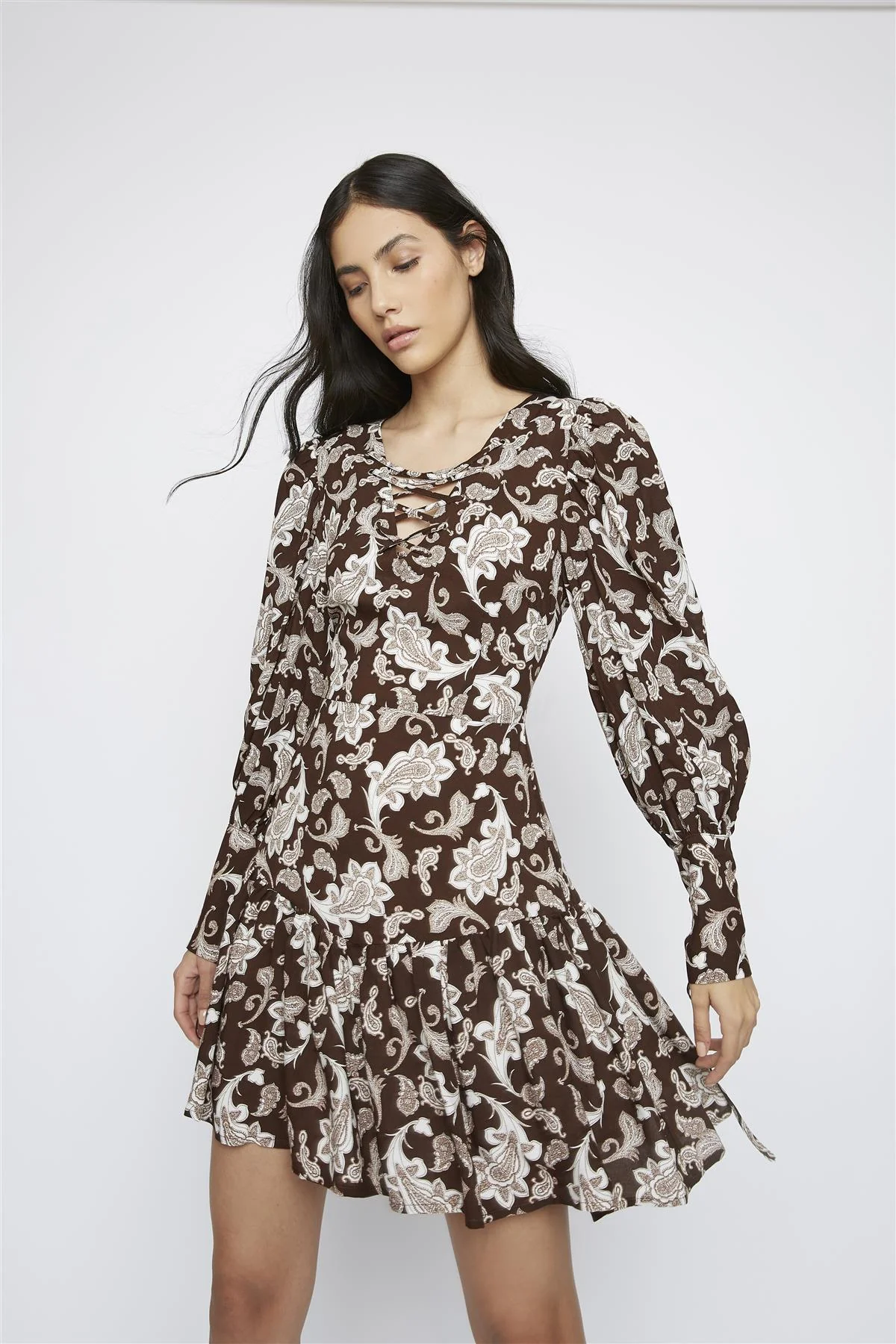 Dark-Brown-Paisley Drop-waist-Dress - Image 3