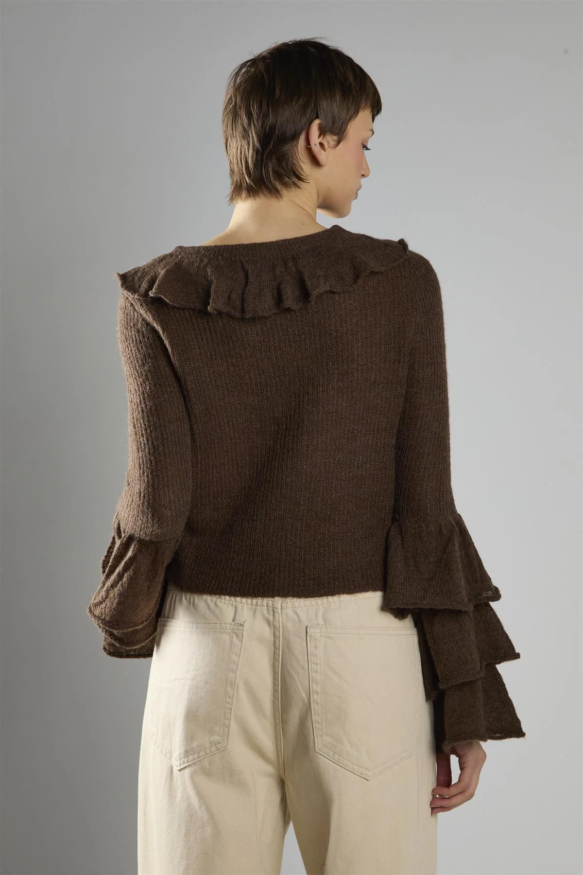 Dark Brown Ruffle Front Tie Long Sleeve Top - Image 2