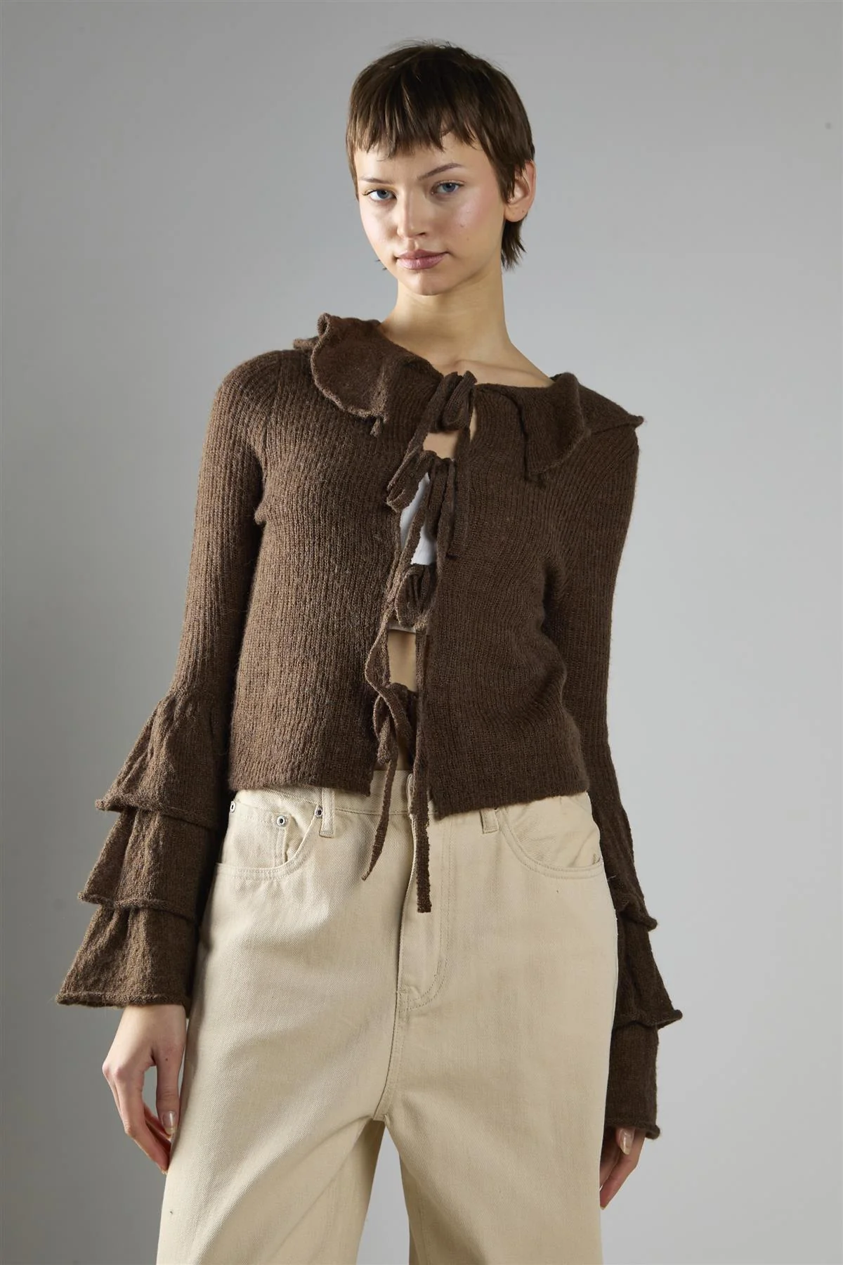 Dark Brown Ruffle Front Tie Long Sleeve Top - Image 3