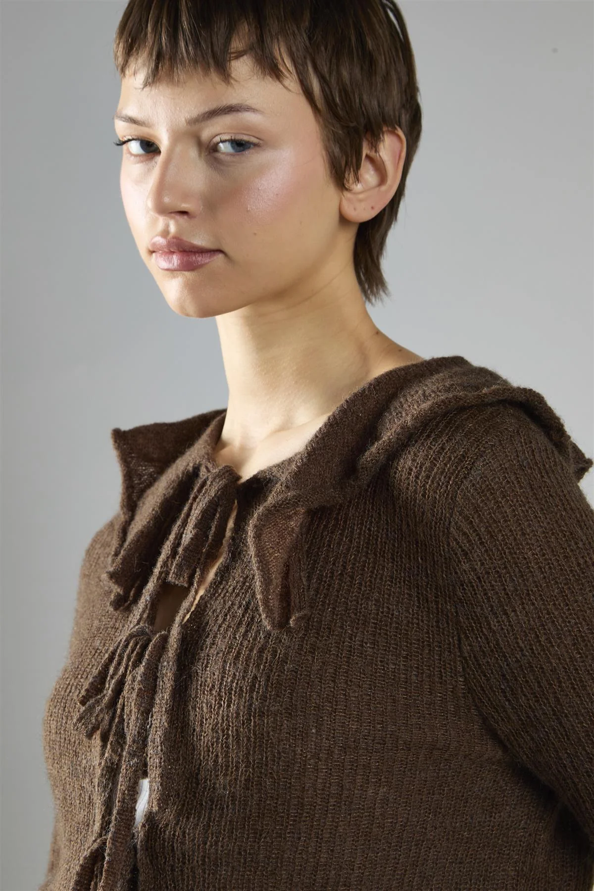 Dark Brown Ruffle Front Tie Long Sleeve Top - Image 4
