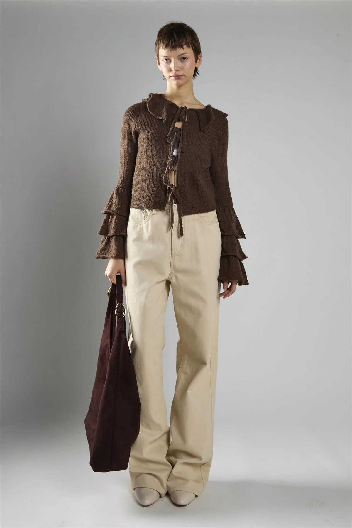 Dark Brown Ruffle Front Tie Long Sleeve Top - Image 5