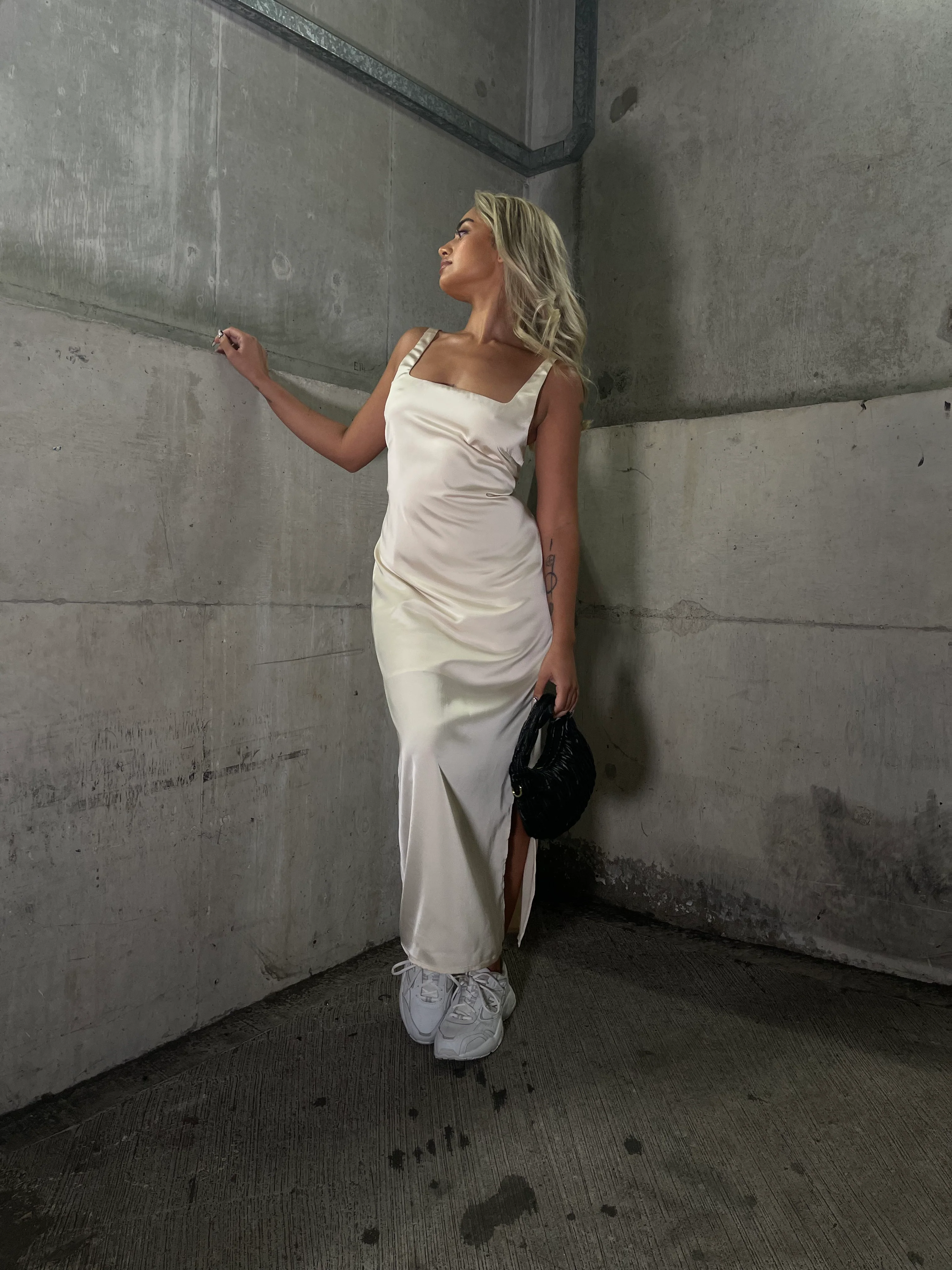 Dark-Cream Satin Tailored Square-Neck Midi-Dress - Image 2