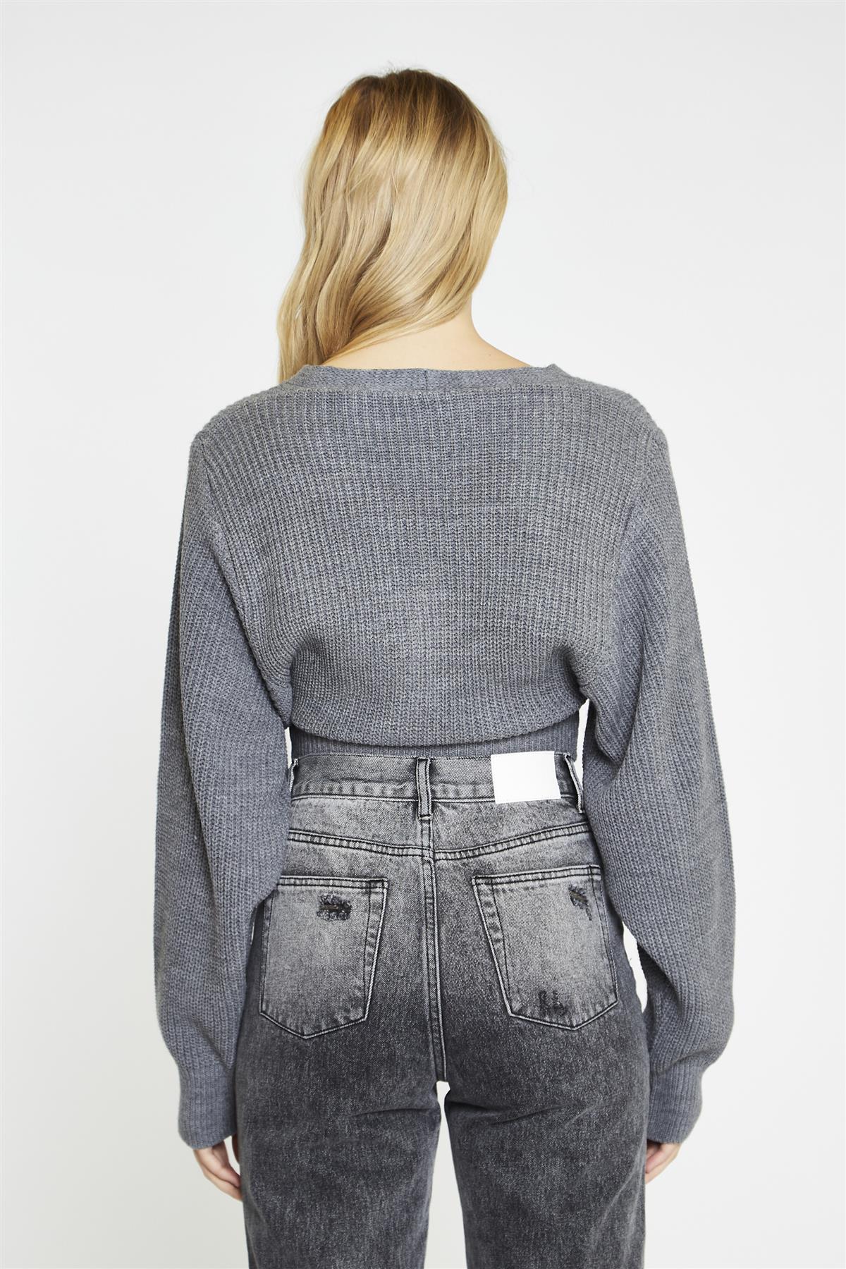 Dark-Grey Marl Button Front Crop-Cardigan - Image 2