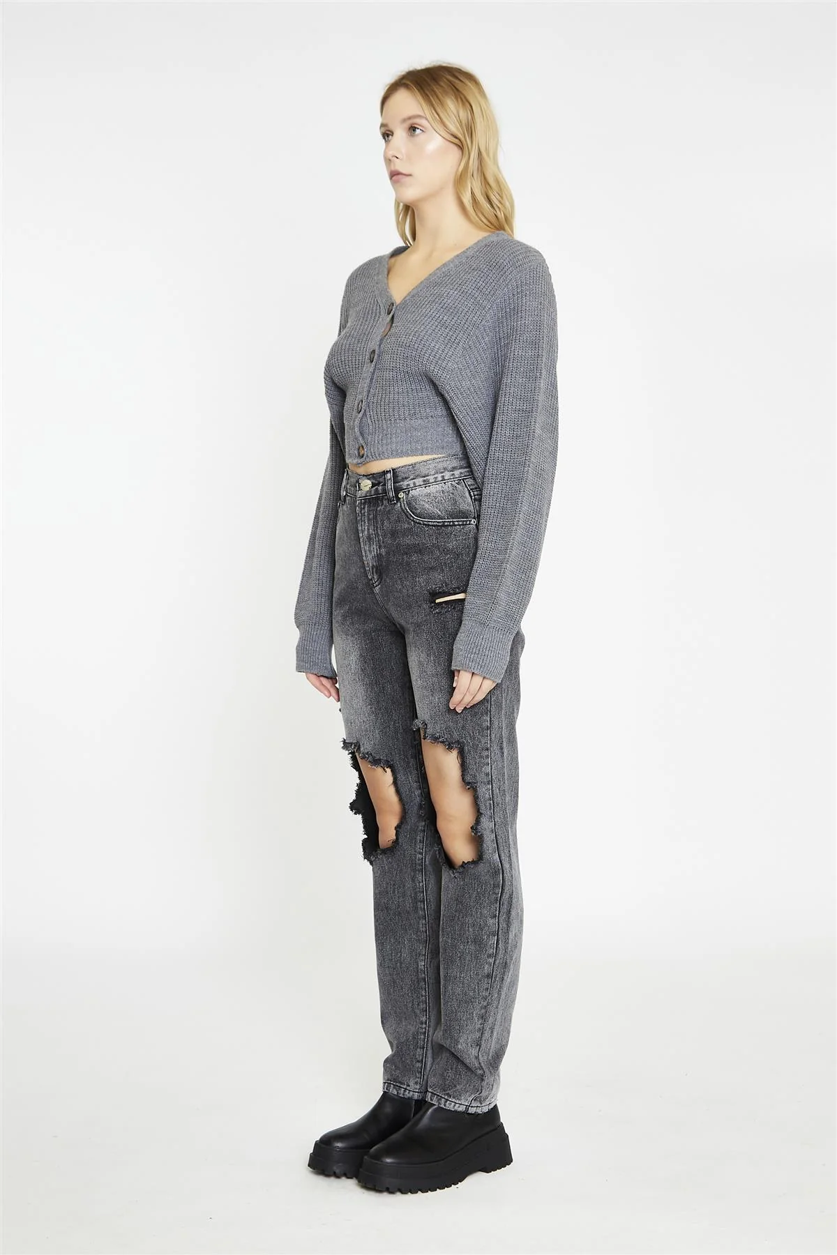 Dark-Grey Marl Button Front Crop-Cardigan - Image 4