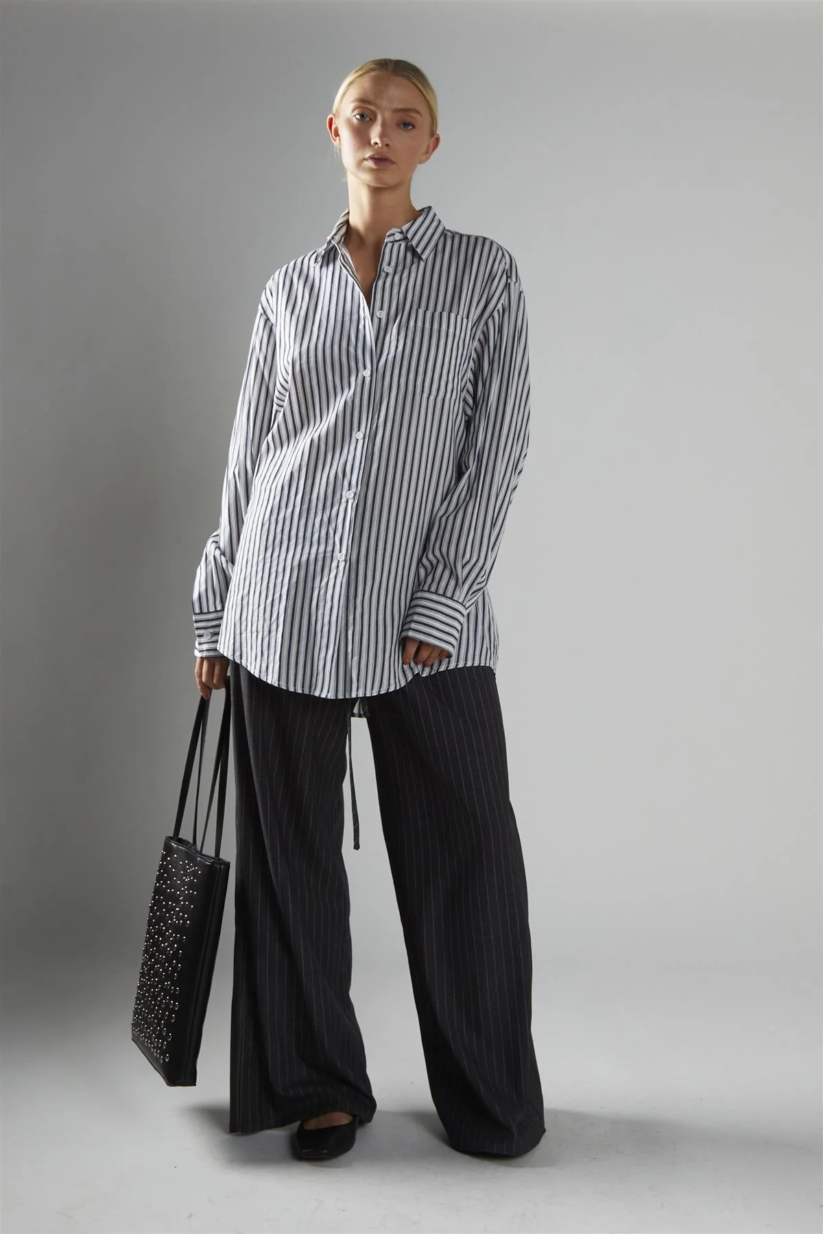 Dark Grey Pinstripe Wide Leg Trousers